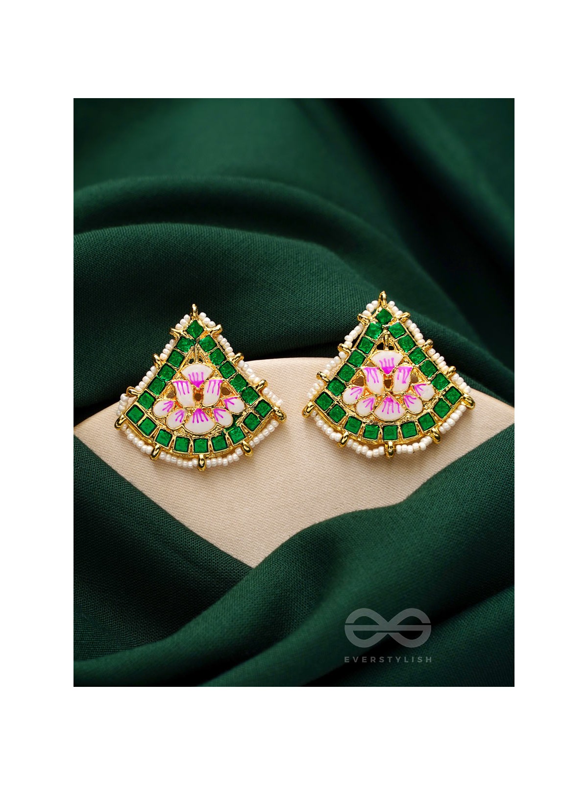 The Lotus Temple- Enamelled Statement Stud Earrings(Forest Green)