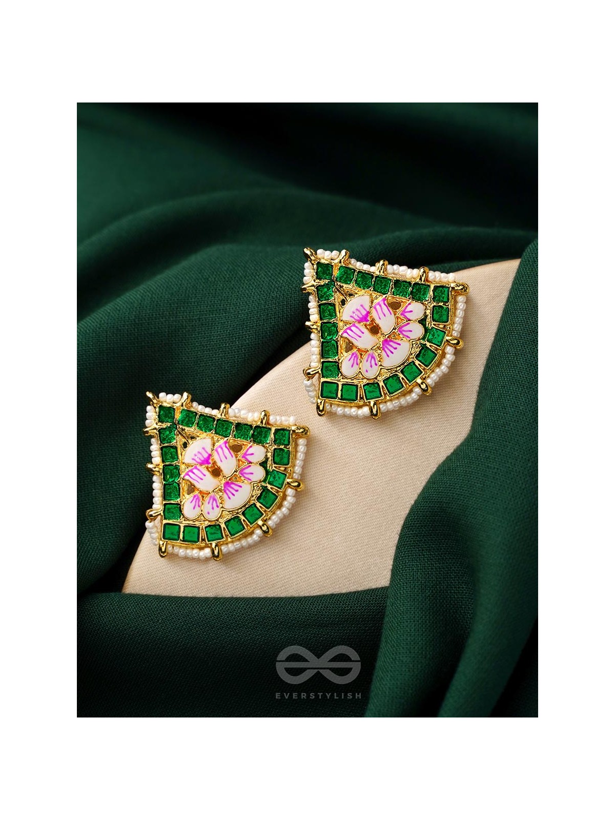The Lotus Temple- Enamelled Statement Stud Earrings(Forest Green)
