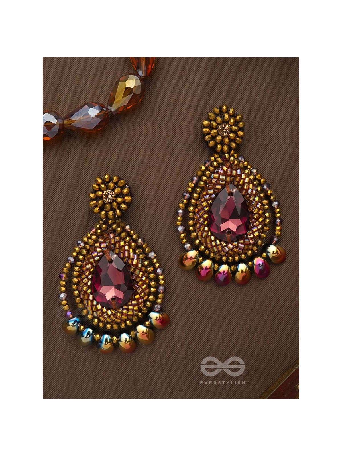 Kritaka- The Copper Charm- Stones and Glass Beads Embroidered Earrings