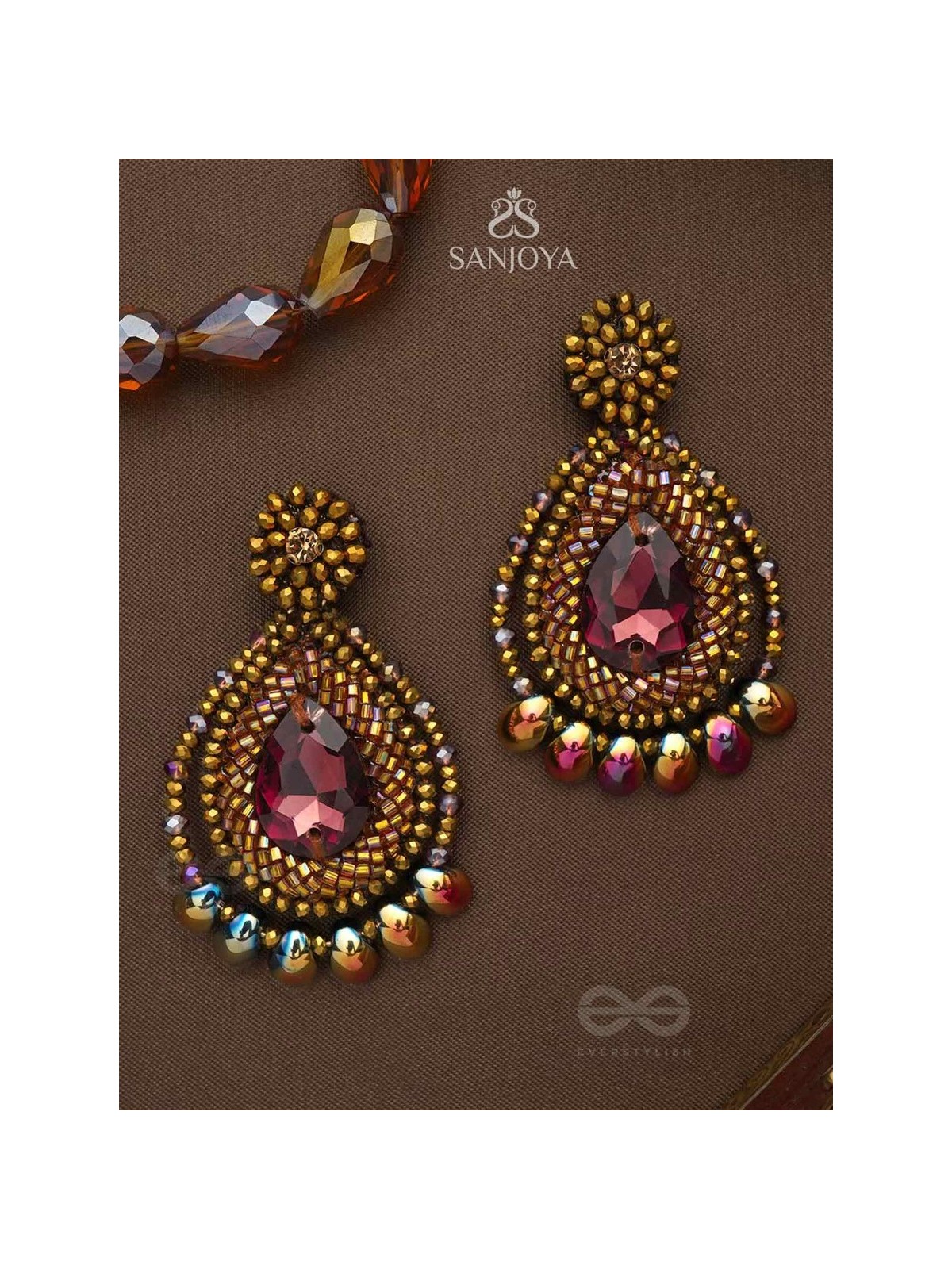 Kritaka- The Copper Charm- Stones and Glass Beads Embroidered Earrings