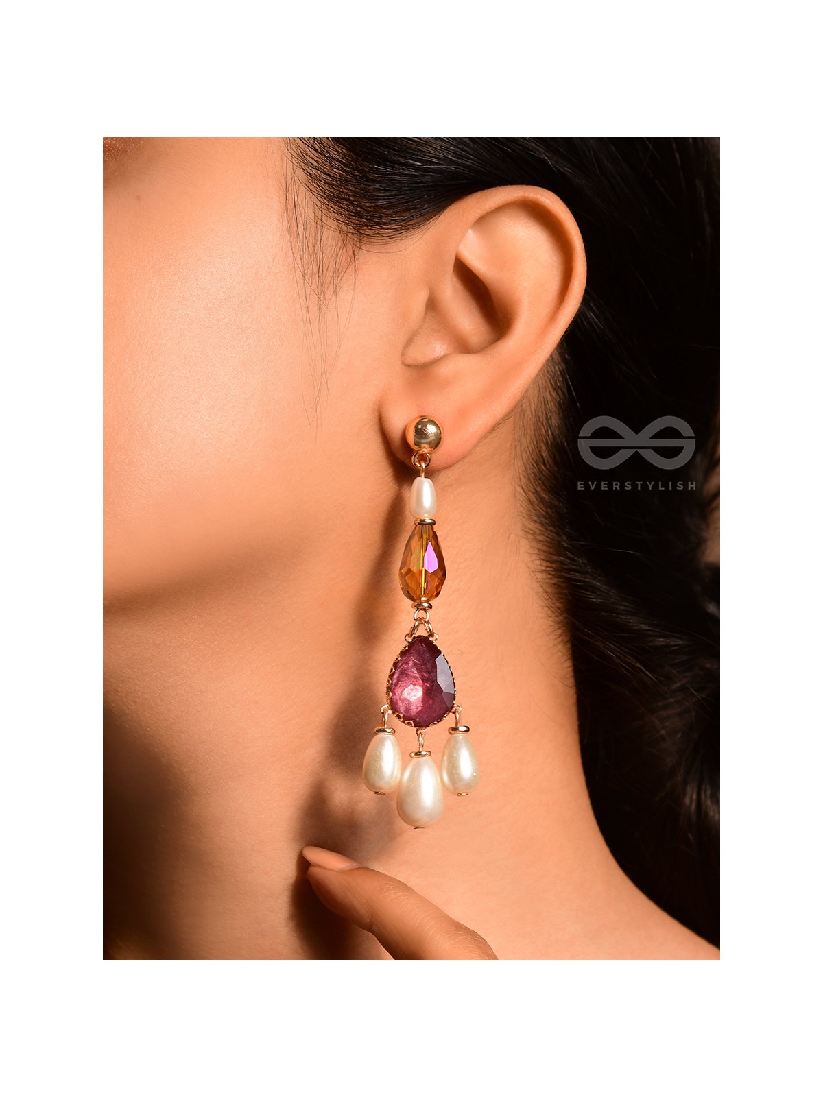 The Crystal Cascade- Golden Pearl Earrings