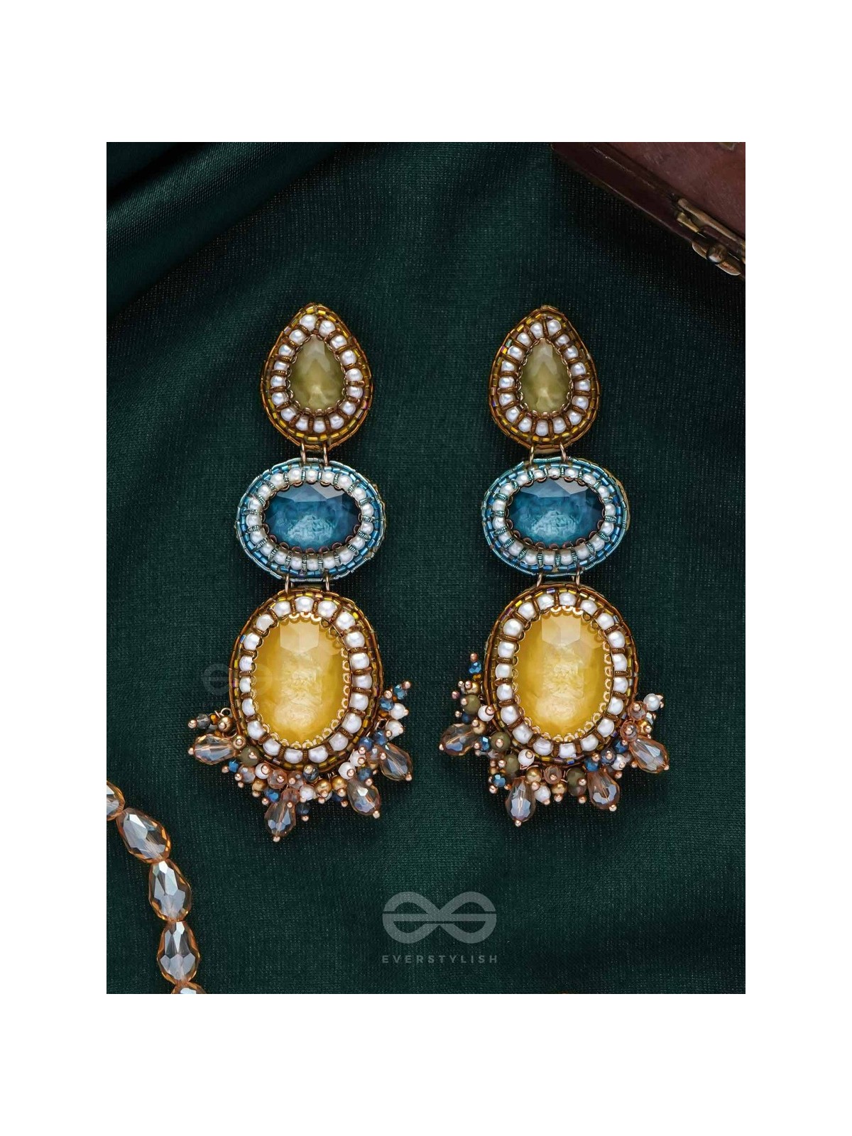 Sulokaneeya - Admirable Beauty - Stones, Glass Drops And Beads Hand Embroidered Earrings