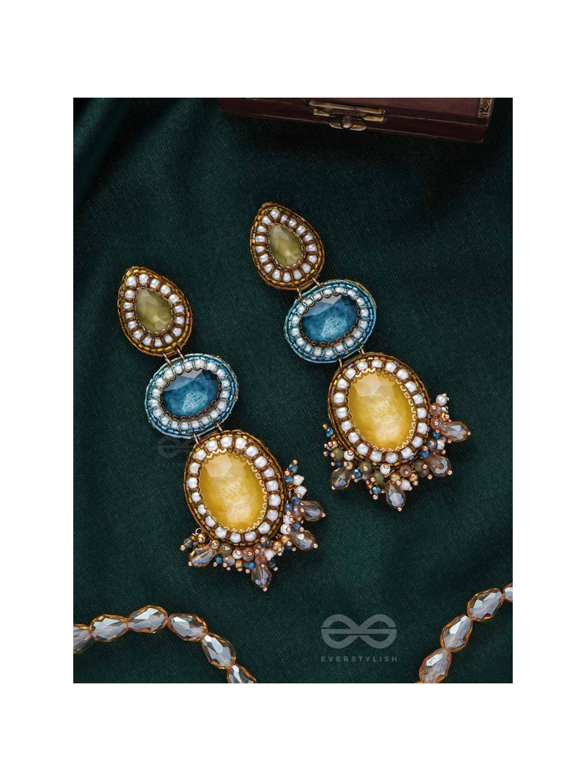 Sulokaneeya - Admirable Beauty - Stones, Glass Drops And Beads Hand Embroidered Earrings