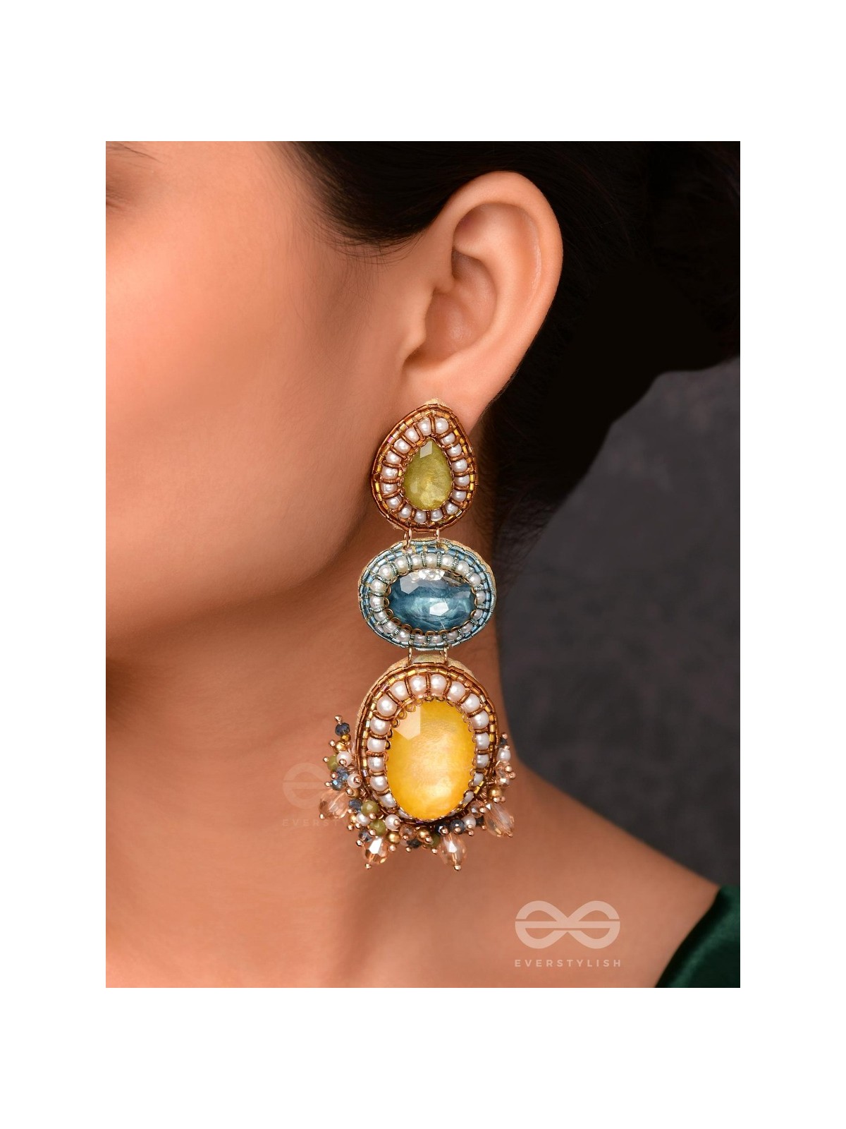 Sulokaneeya - Admirable Beauty - Stones, Glass Drops And Beads Hand Embroidered Earrings