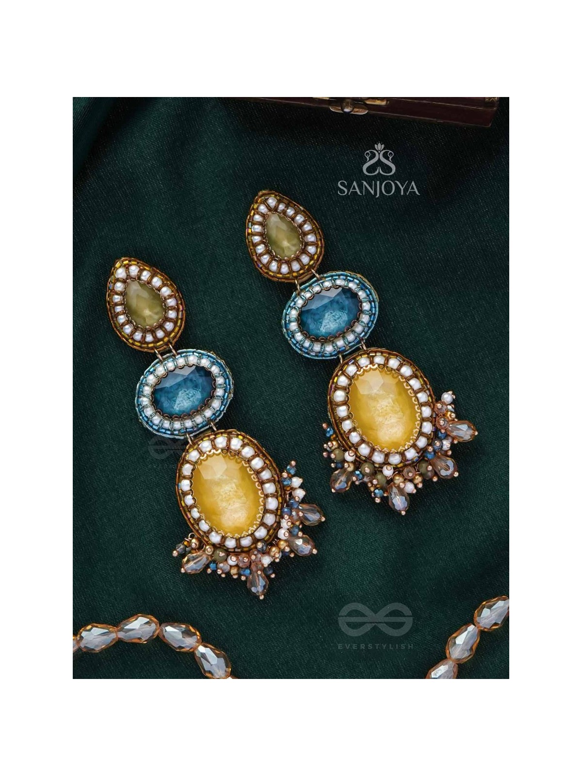 Sulokaneeya - Admirable Beauty - Stones, Glass Drops And Beads Hand Embroidered Earrings