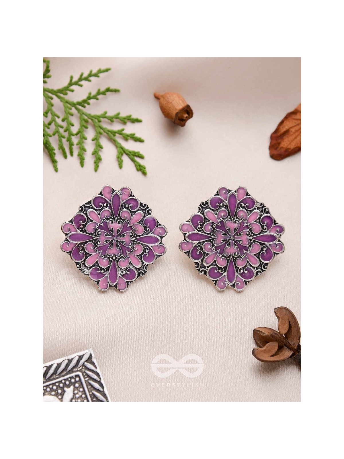 The Floral Fantasy - Oxidised Statement Stud Earrings (Violet & Orchid Purple)