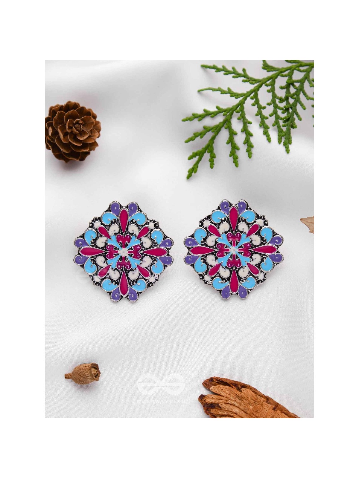 The Floral Fantasy - Oxidised Statement Stud Earrings (Crimson, Violet & Sky Blue)