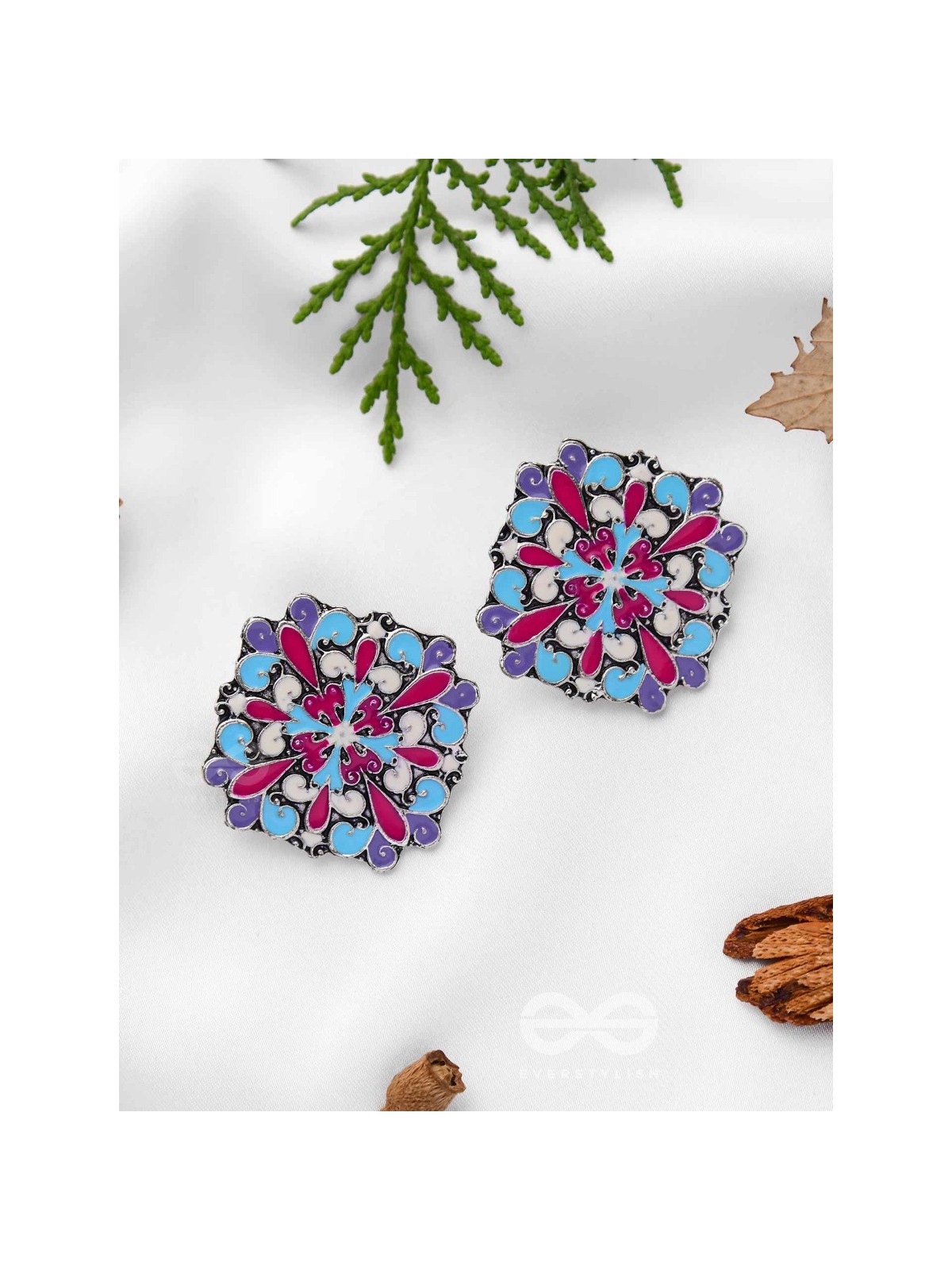 The Floral Fantasy - Oxidised Statement Stud Earrings (Crimson, Violet & Sky Blue)