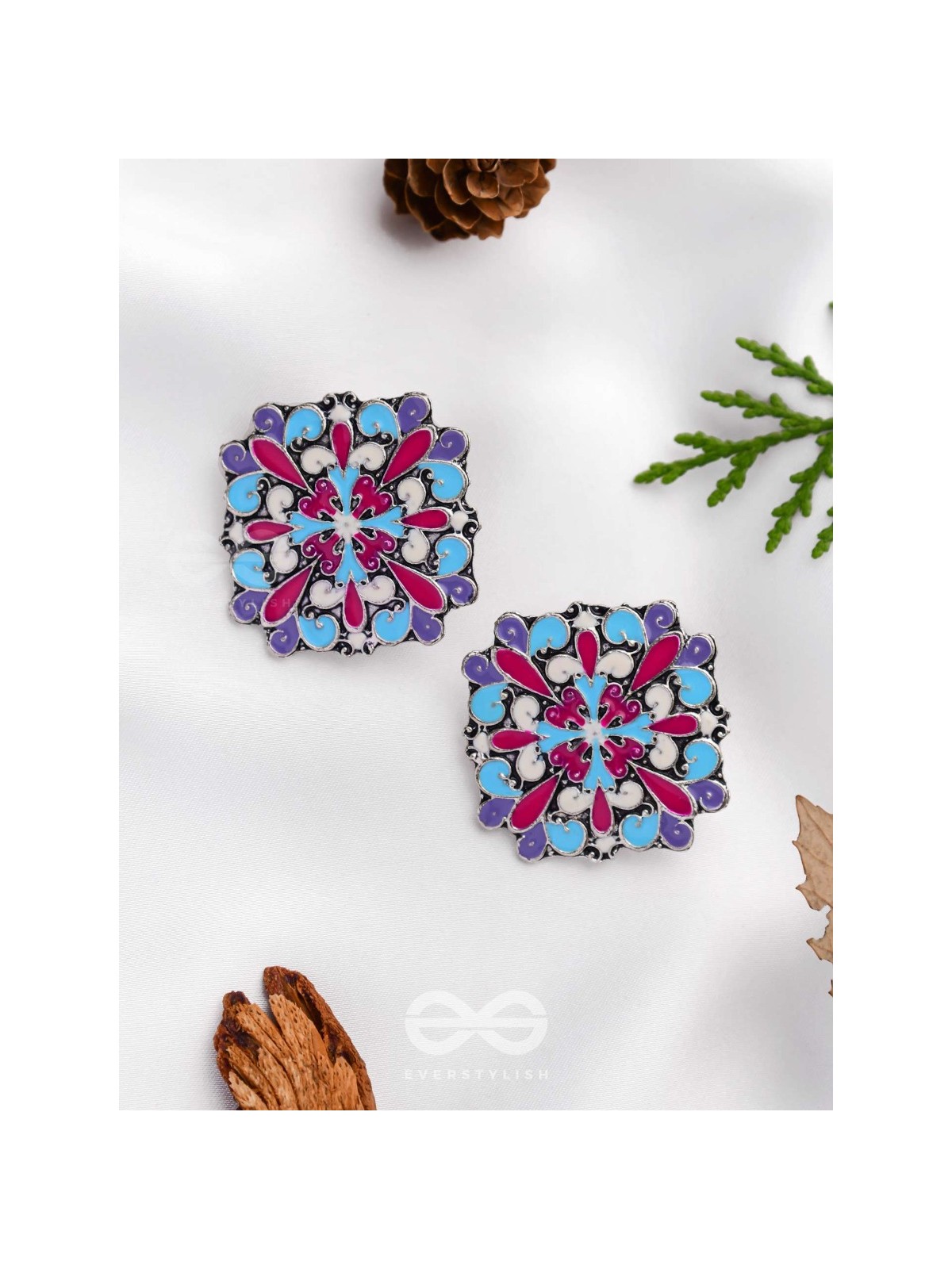The Floral Fantasy - Oxidised Statement Stud Earrings (Crimson, Violet & Sky Blue)