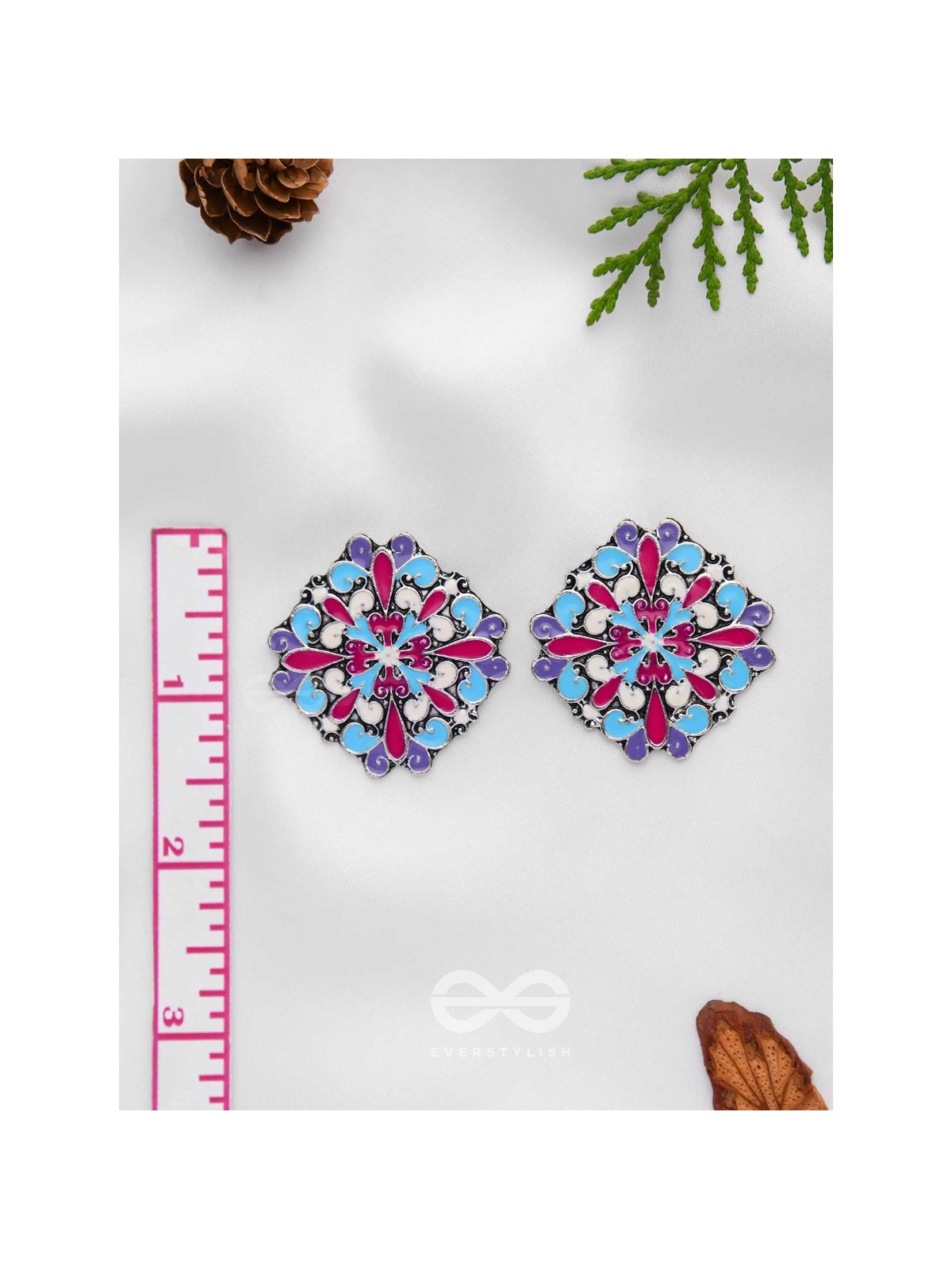 The Floral Fantasy - Oxidised Statement Stud Earrings (Crimson, Violet & Sky Blue)