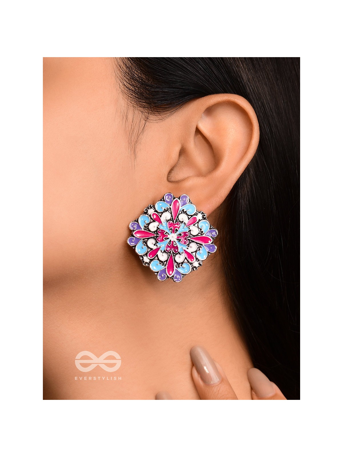 The Floral Fantasy - Oxidised Statement Stud Earrings (Crimson, Violet & Sky Blue)