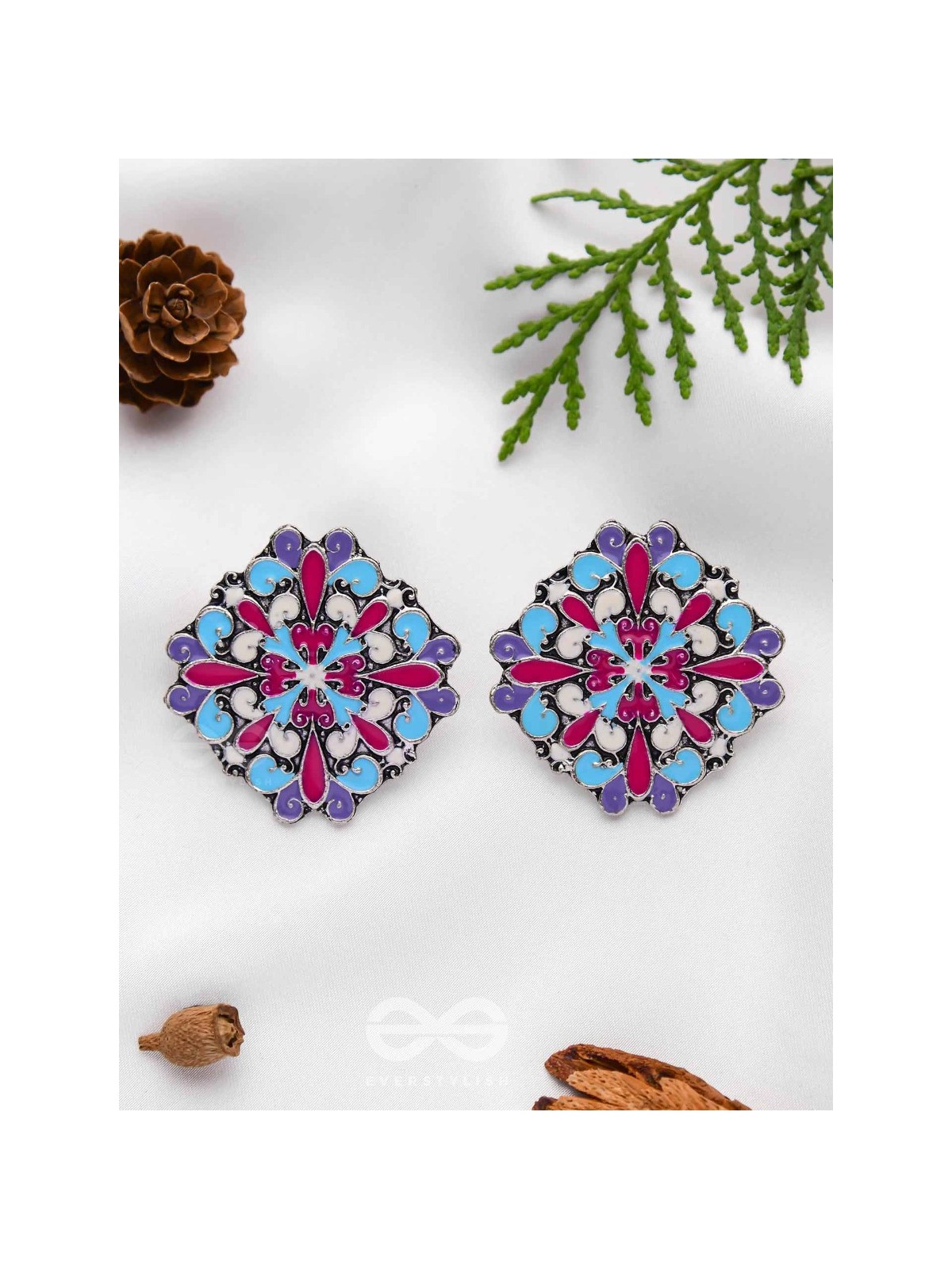 The Floral Fantasy - Oxidised Statement Stud Earrings (Crimson, Violet & Sky Blue)