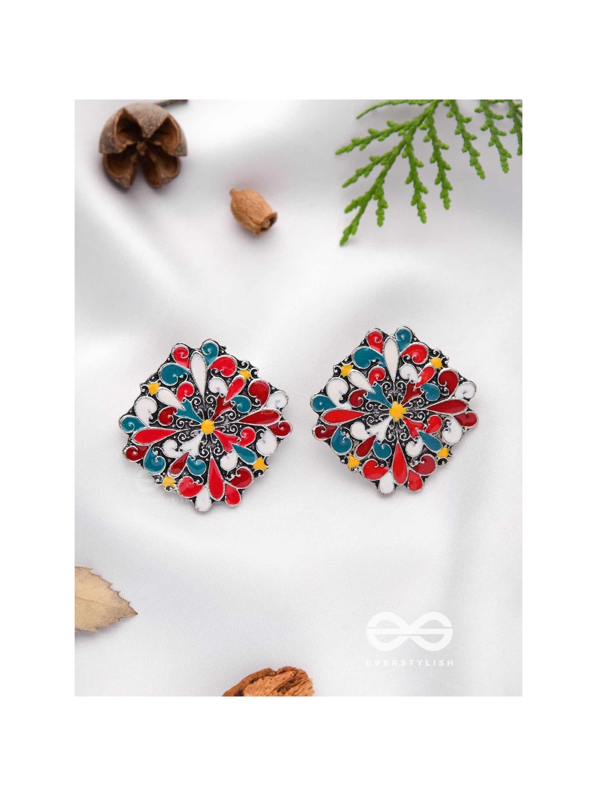 The Floral Fantasy- Oxidised Statement Stud Earrings  (Stone Blue, Crimson & Red Orange)