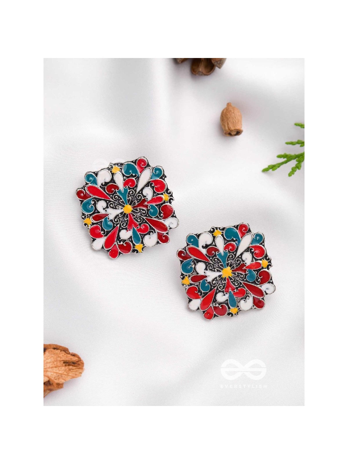 The Floral Fantasy- Oxidised Statement Stud Earrings  (Stone Blue, Crimson & Red Orange)