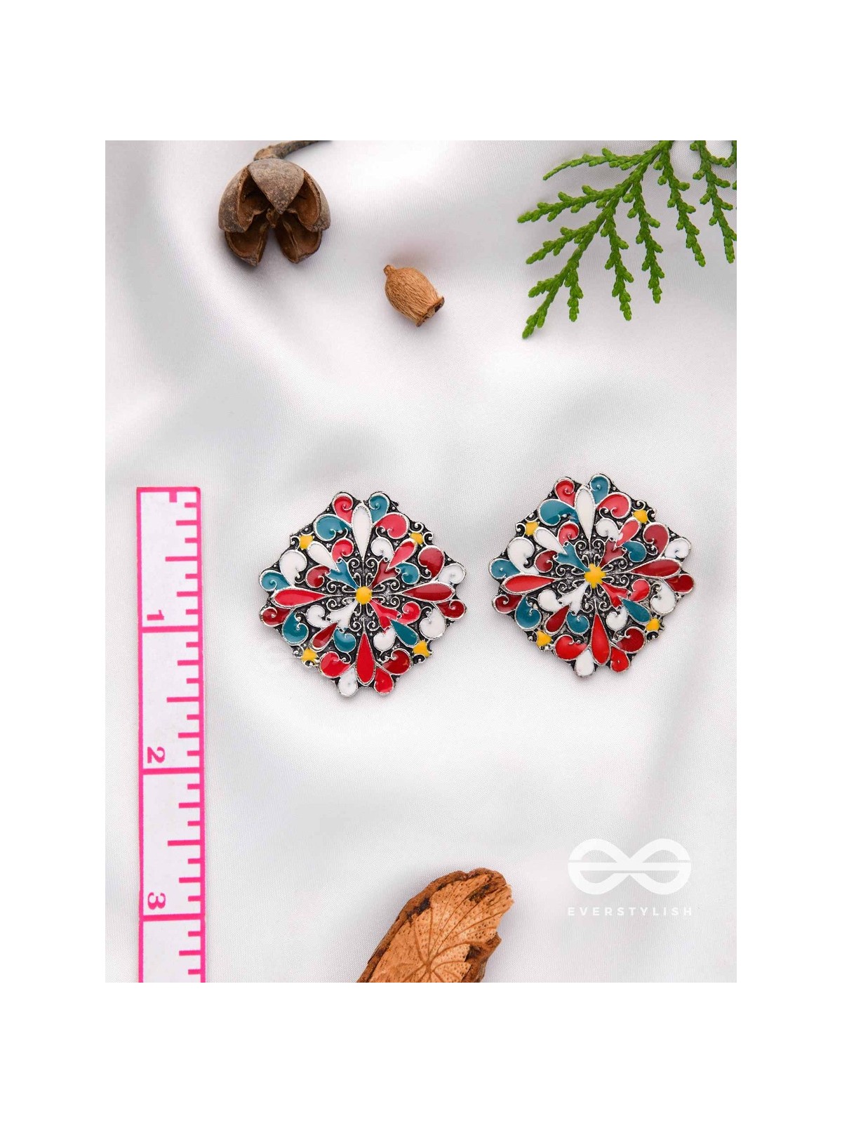 The Floral Fantasy- Oxidised Statement Stud Earrings  (Stone Blue, Crimson & Red Orange)