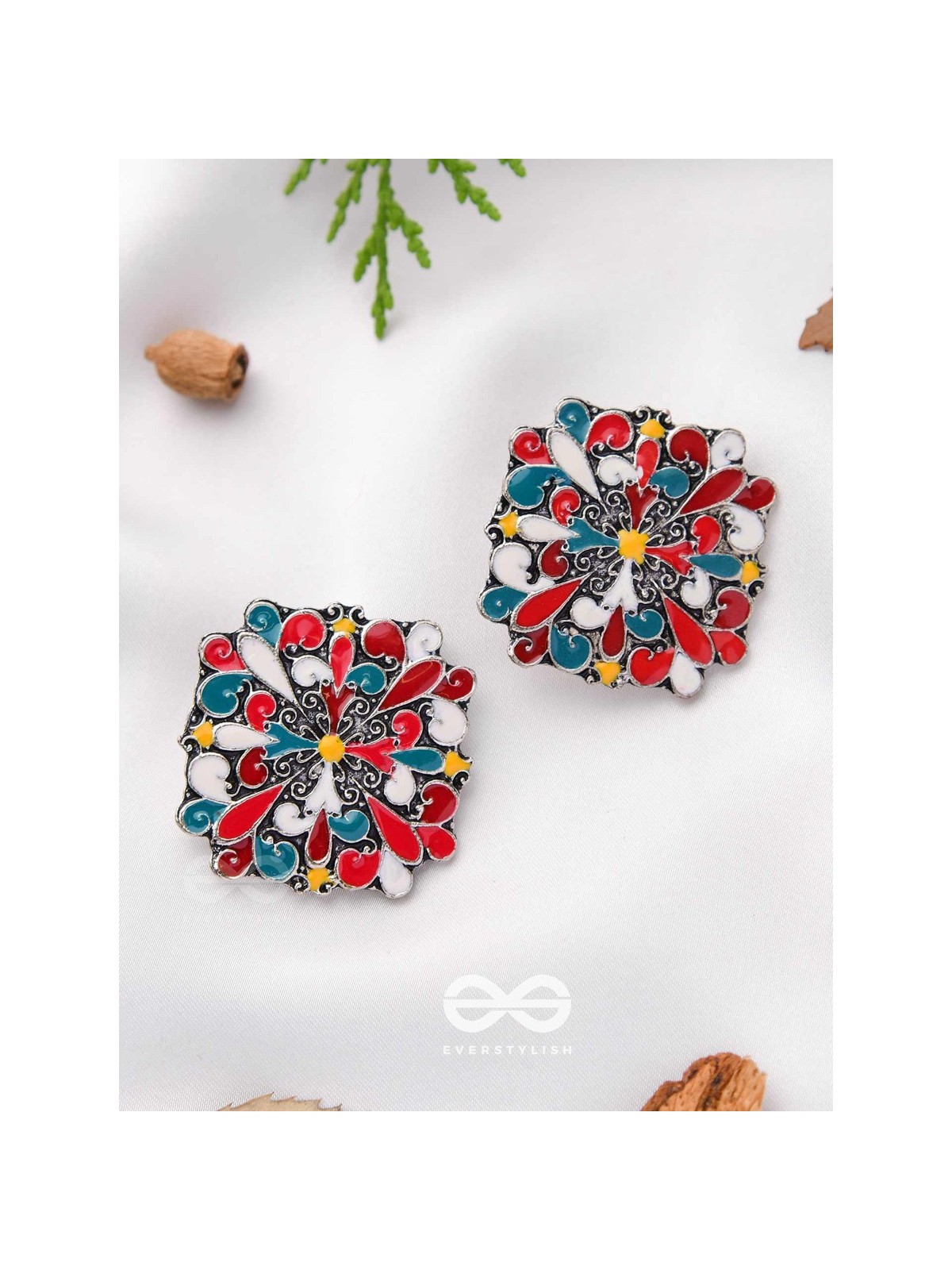The Floral Fantasy- Oxidised Statement Stud Earrings  (Stone Blue, Crimson & Red Orange)