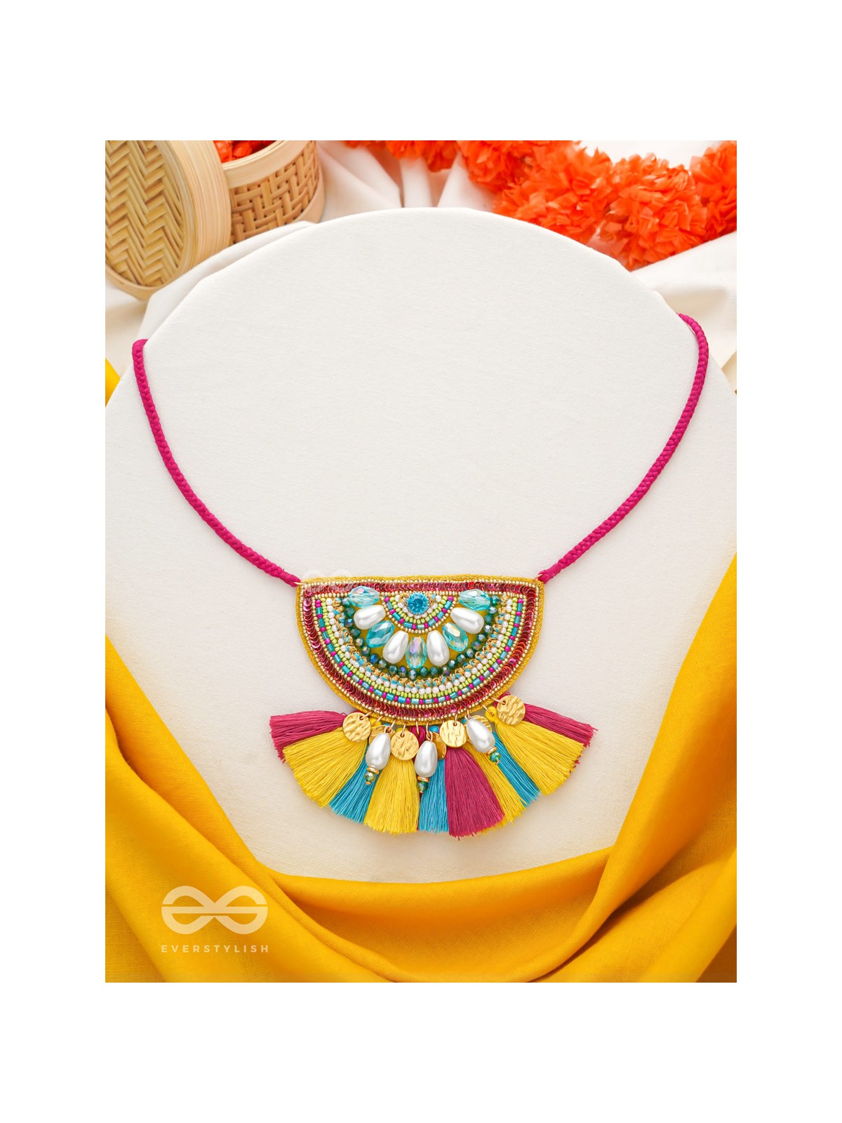 Aashara- The Crimson Fire- Pearls, Stones & Beads Embroidered Necklace 