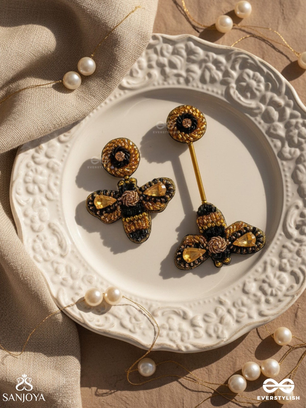 Saaragha - Pair Of Honeybees - Stones, Cutdana And Beads Hand Embroidered Earrings