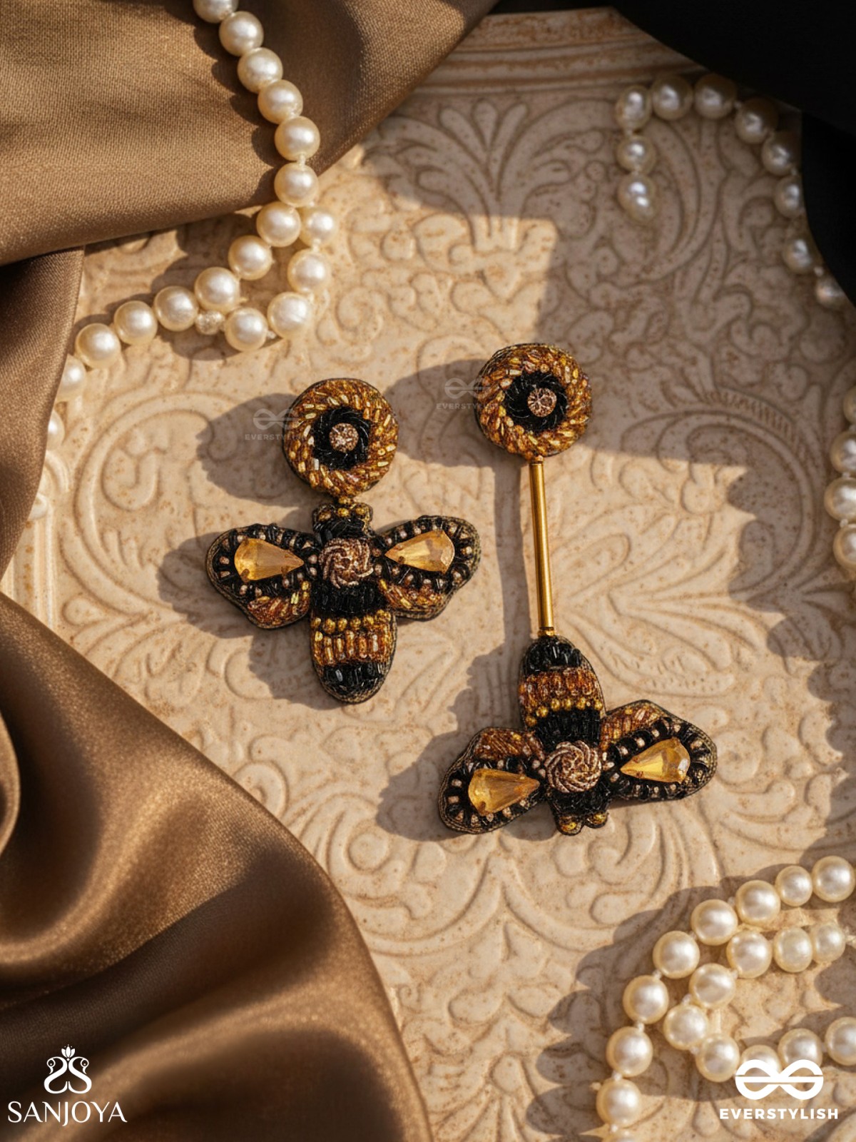 Saaragha - Pair Of Honeybees - Stones, Cutdana And Beads Hand Embroidered Earrings