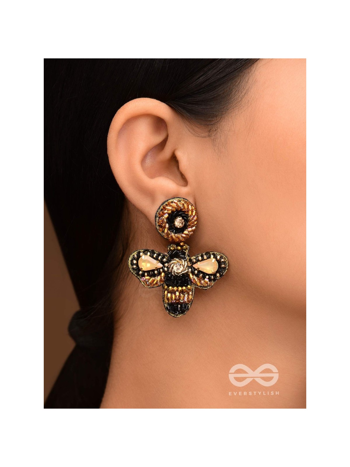 Saaragha - Pair Of Honeybees - Stones, Cutdana And Beads Hand Embroidered Earrings