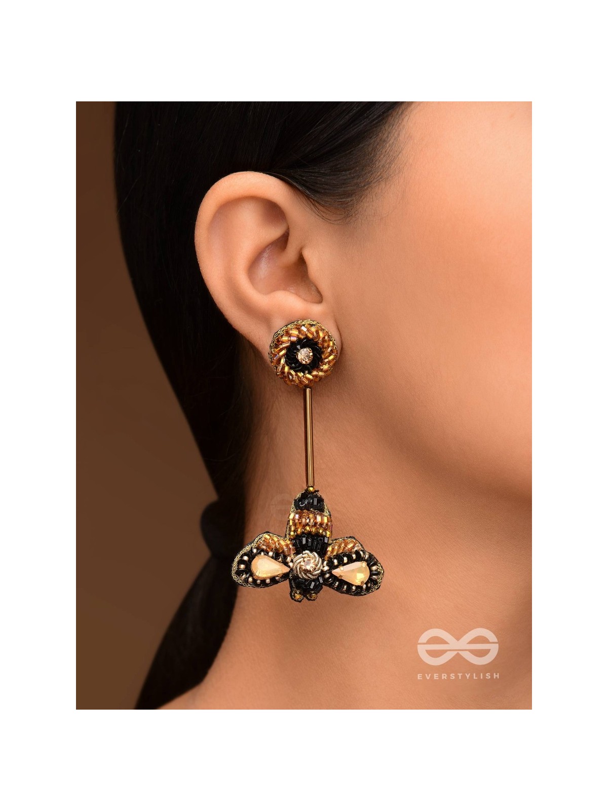 Saaragha - Pair Of Honeybees - Stones, Cutdana And Beads Hand Embroidered Earrings