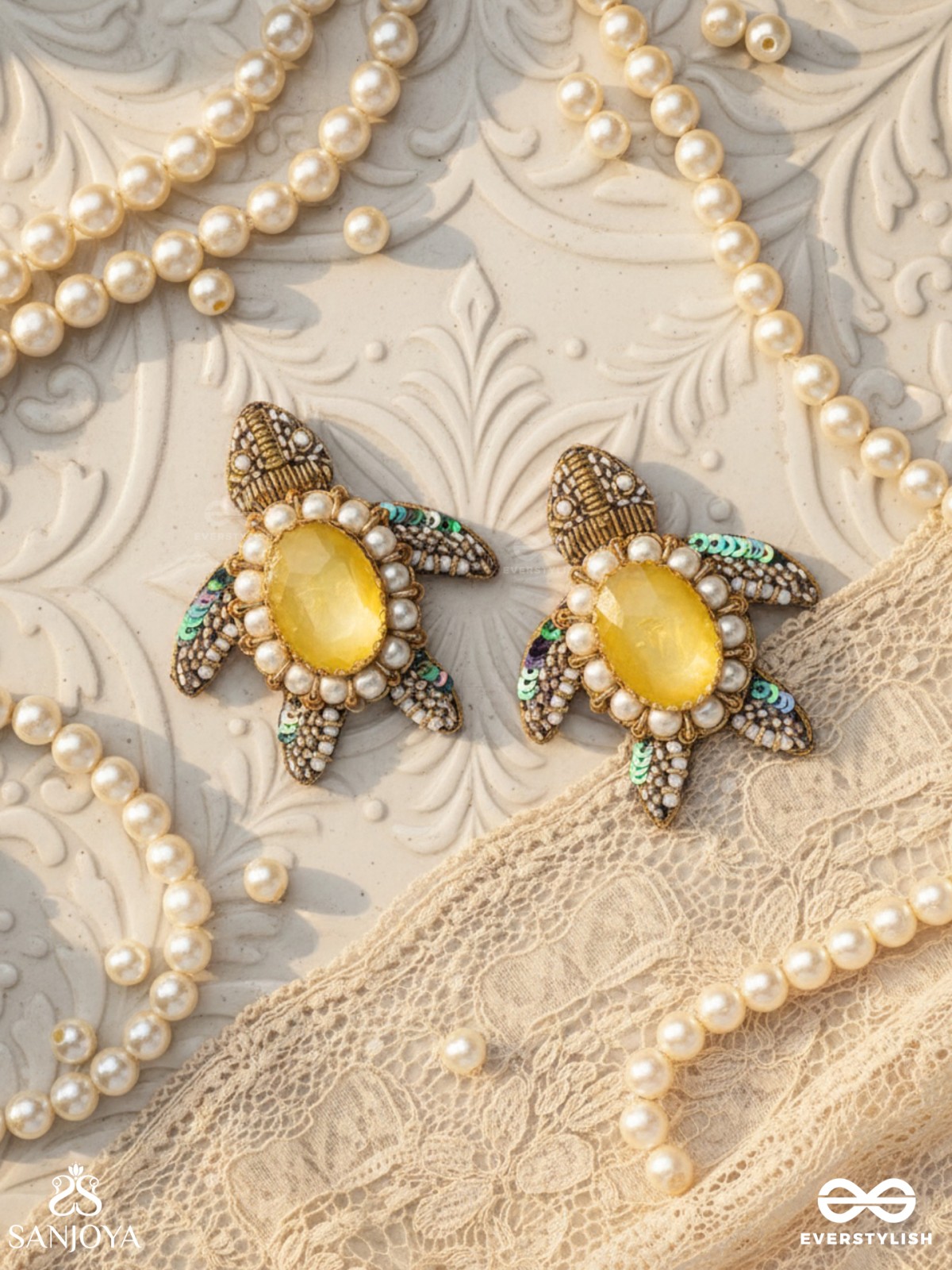 Kamatha- The Turtle Pair- Pearls, Stones & Sequins Embroidered Earrings