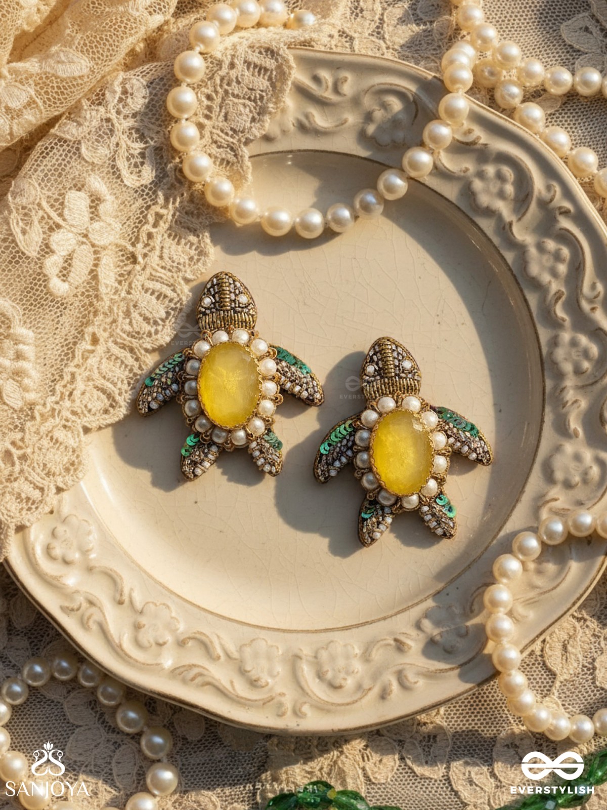 Kamatha- The Turtle Pair- Pearls, Stones & Sequins Embroidered Earrings