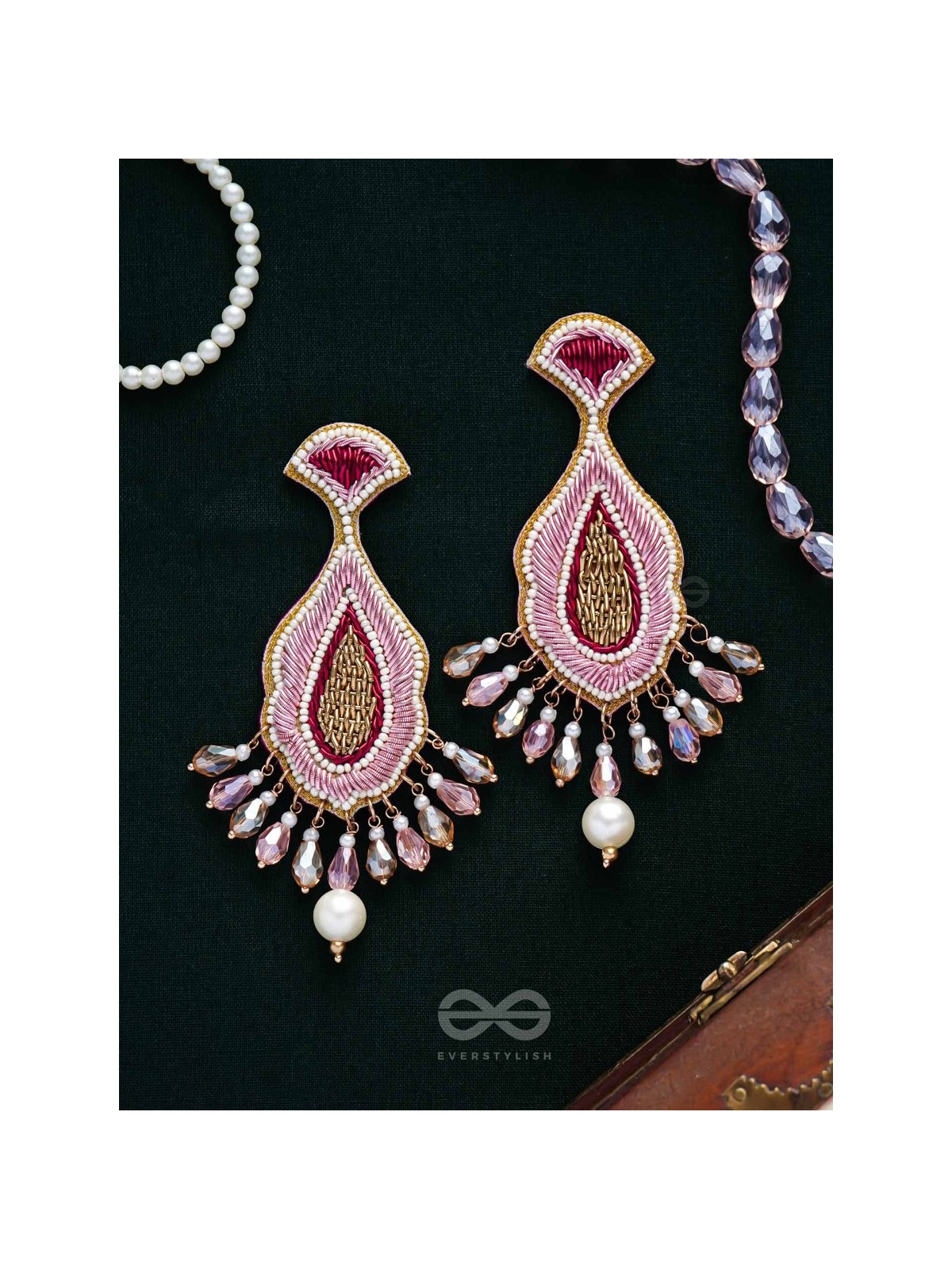 Vismaya - The Amazement - Dabka, Beads And Glass Drops Hand Embroidered Earrings