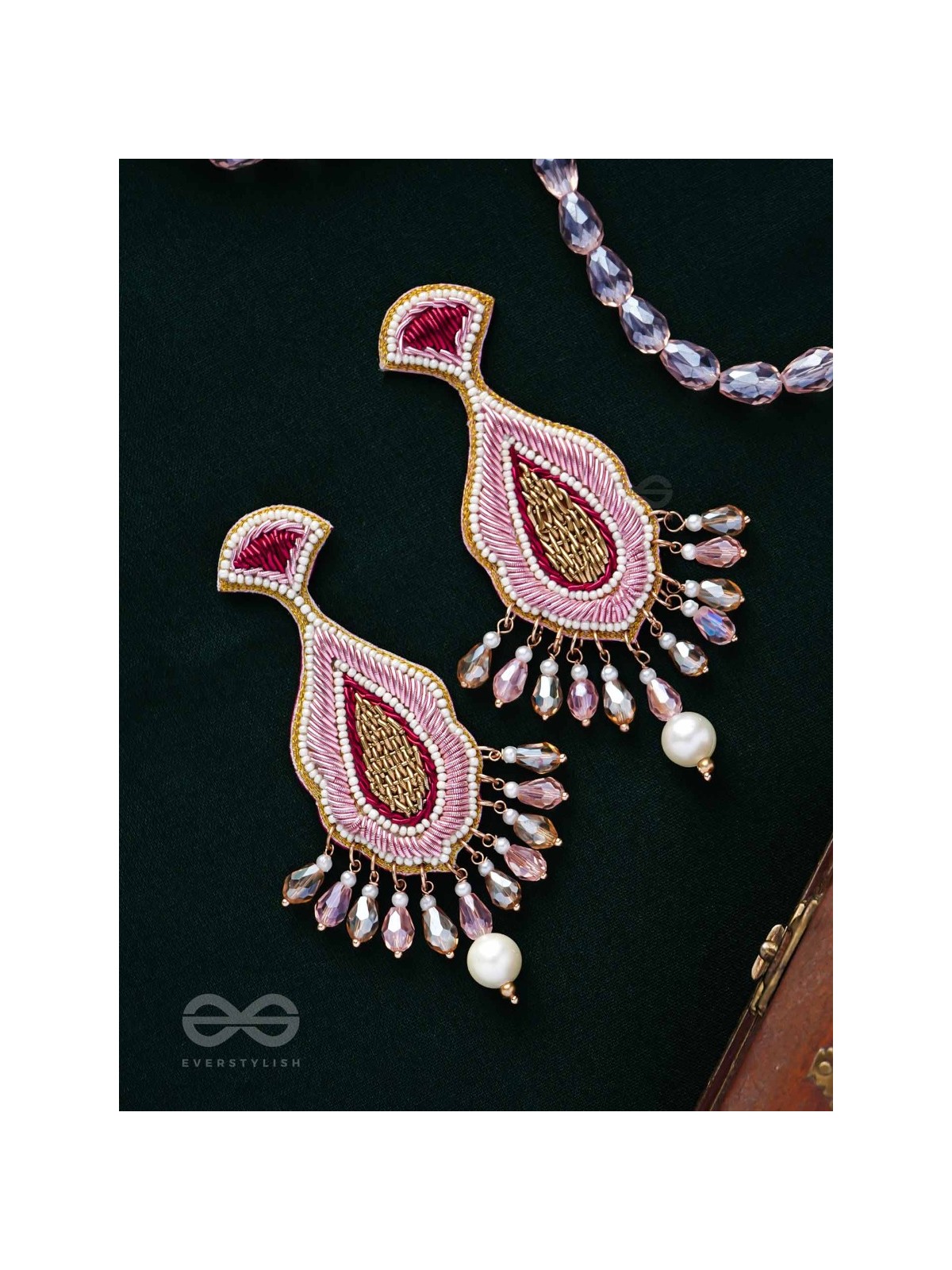 Vismaya - The Amazement - Dabka, Beads And Glass Drops Hand Embroidered Earrings