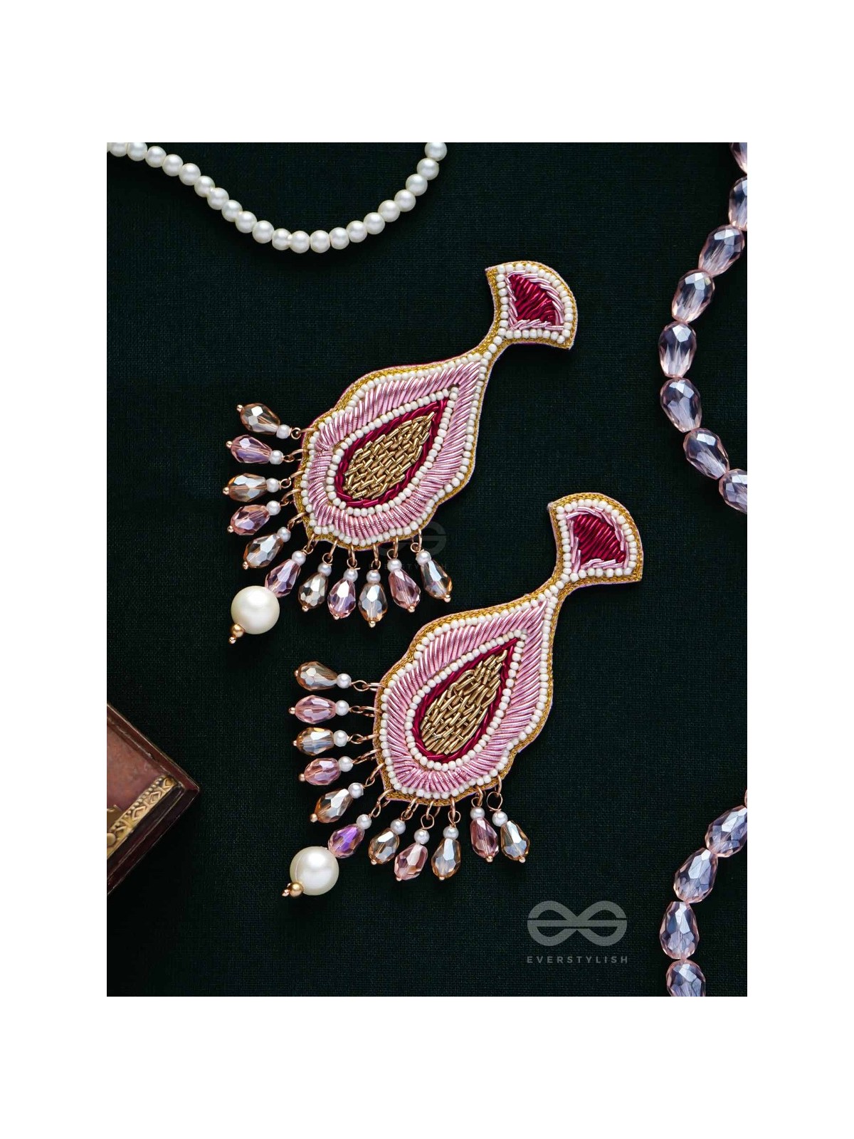 Vismaya - The Amazement - Dabka, Beads And Glass Drops Hand Embroidered Earrings
