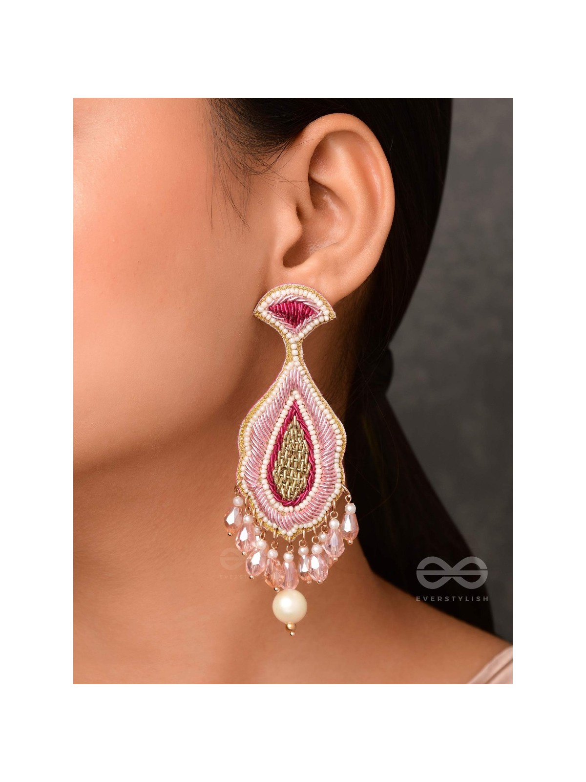 Vismaya - The Amazement - Dabka, Beads And Glass Drops Hand Embroidered Earrings