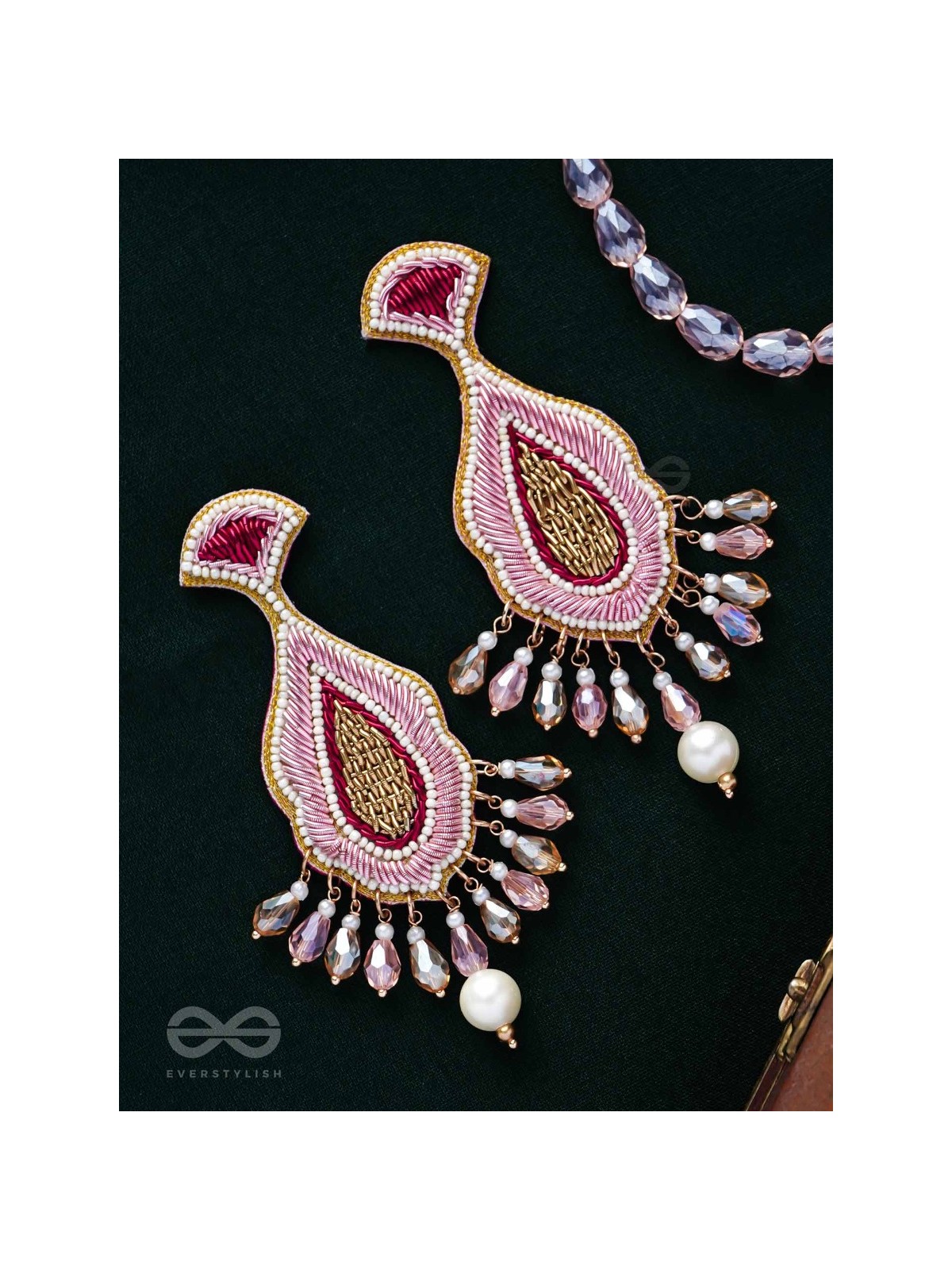 Vismaya - The Amazement - Dabka, Beads And Glass Drops Hand Embroidered Earrings