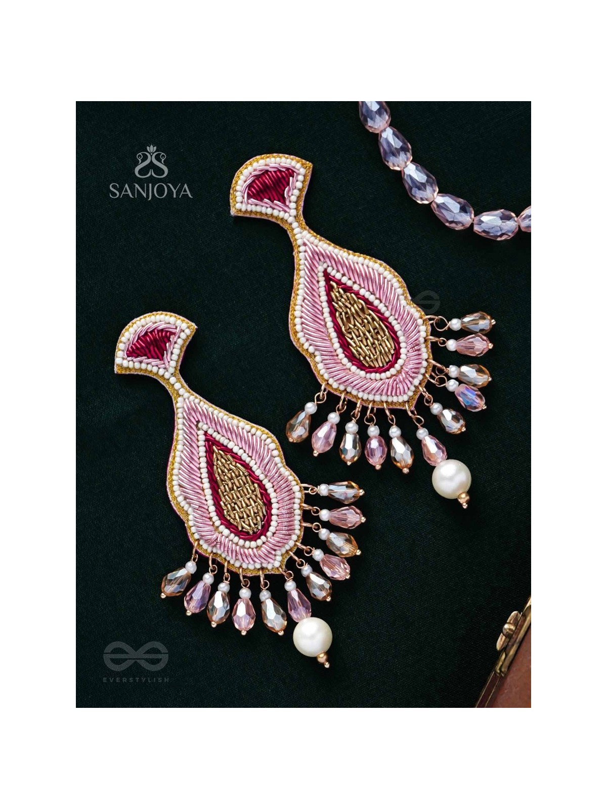 Vismaya - The Amazement - Dabka, Beads And Glass Drops Hand Embroidered Earrings