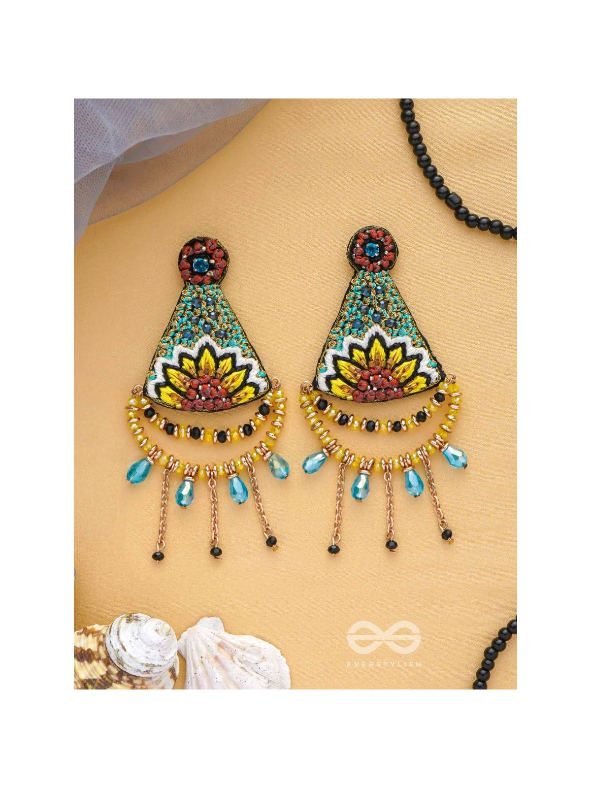 AAKARA - THE GEOMETRIC BLOSSOM- RESHAM, BEADS AND GLASS DROP EMBROIDERED EARRINGS
