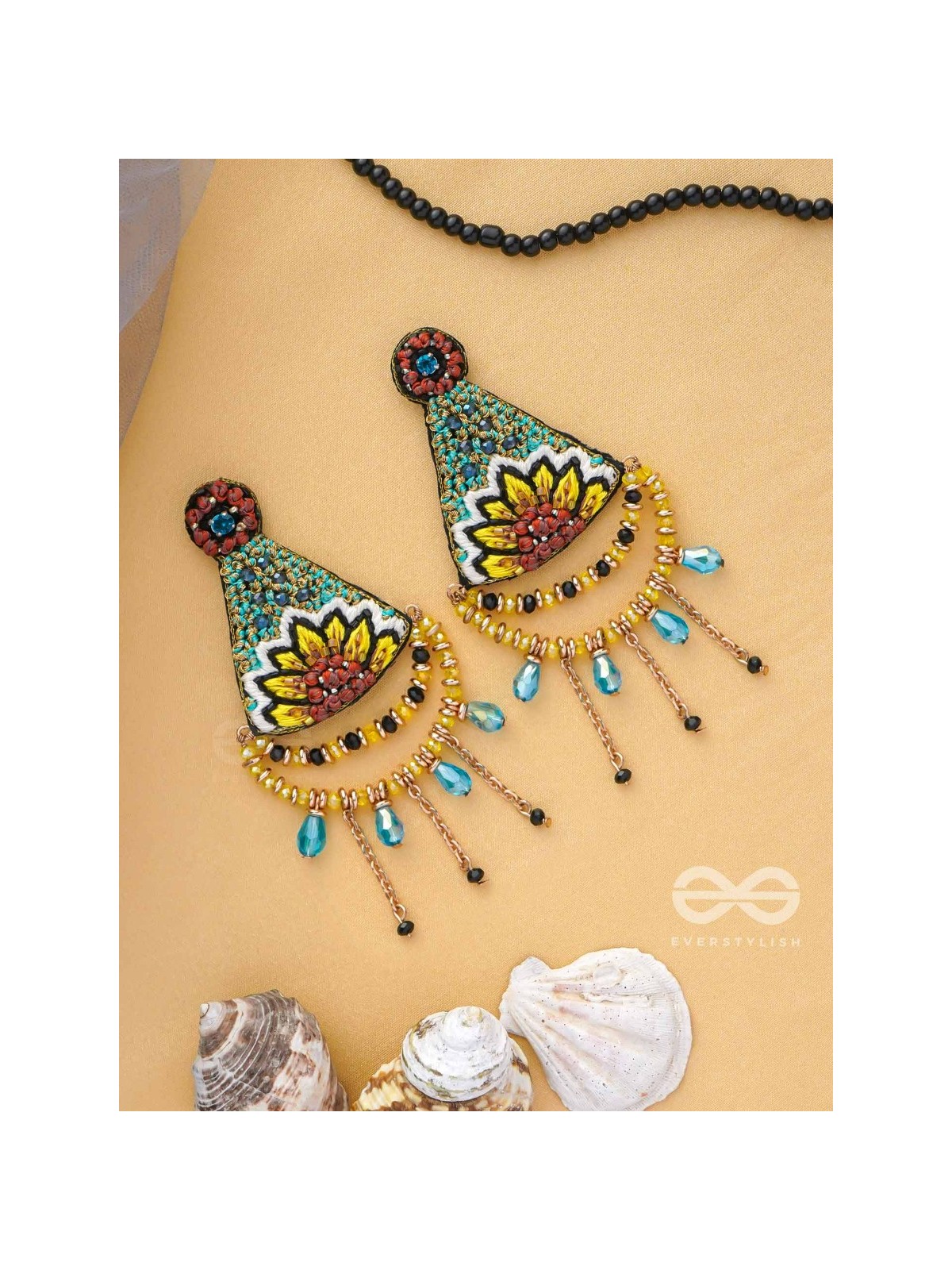 AAKARA - THE GEOMETRIC BLOSSOM- RESHAM, BEADS AND GLASS DROP EMBROIDERED EARRINGS