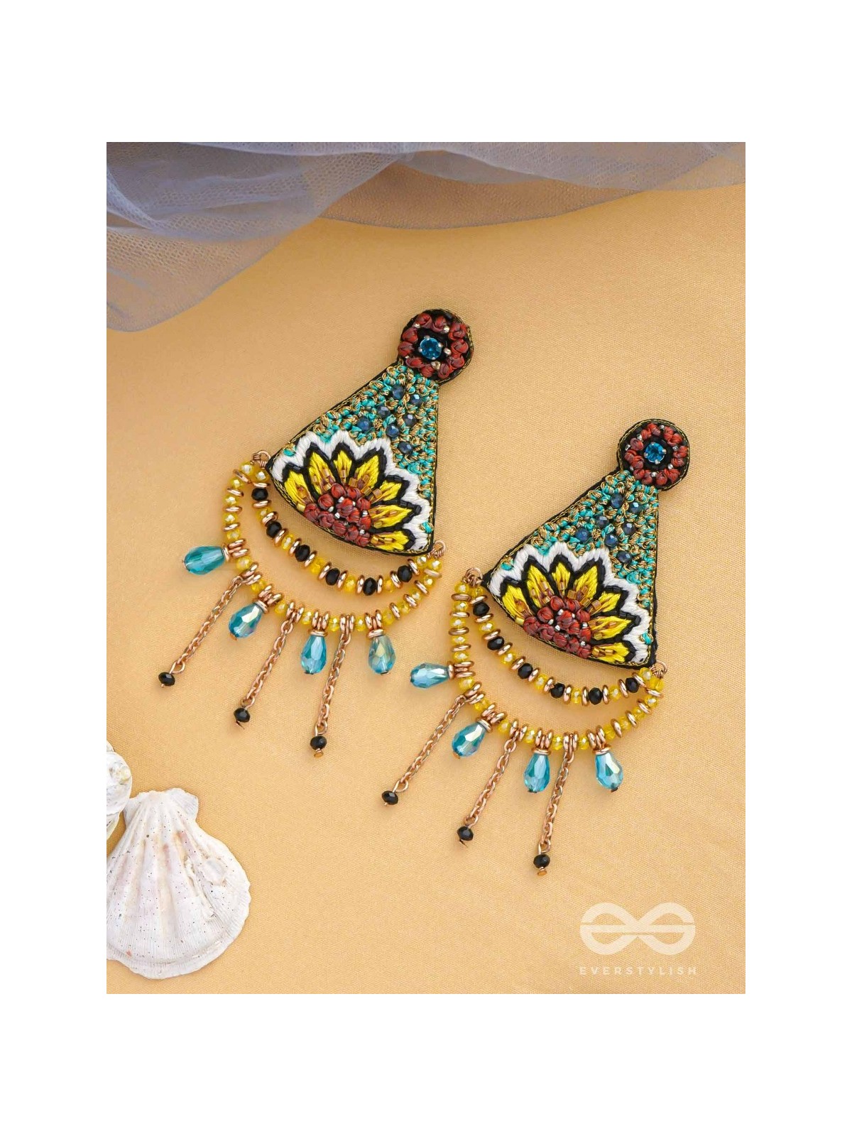 AAKARA - THE GEOMETRIC BLOSSOM- RESHAM, BEADS AND GLASS DROP EMBROIDERED EARRINGS