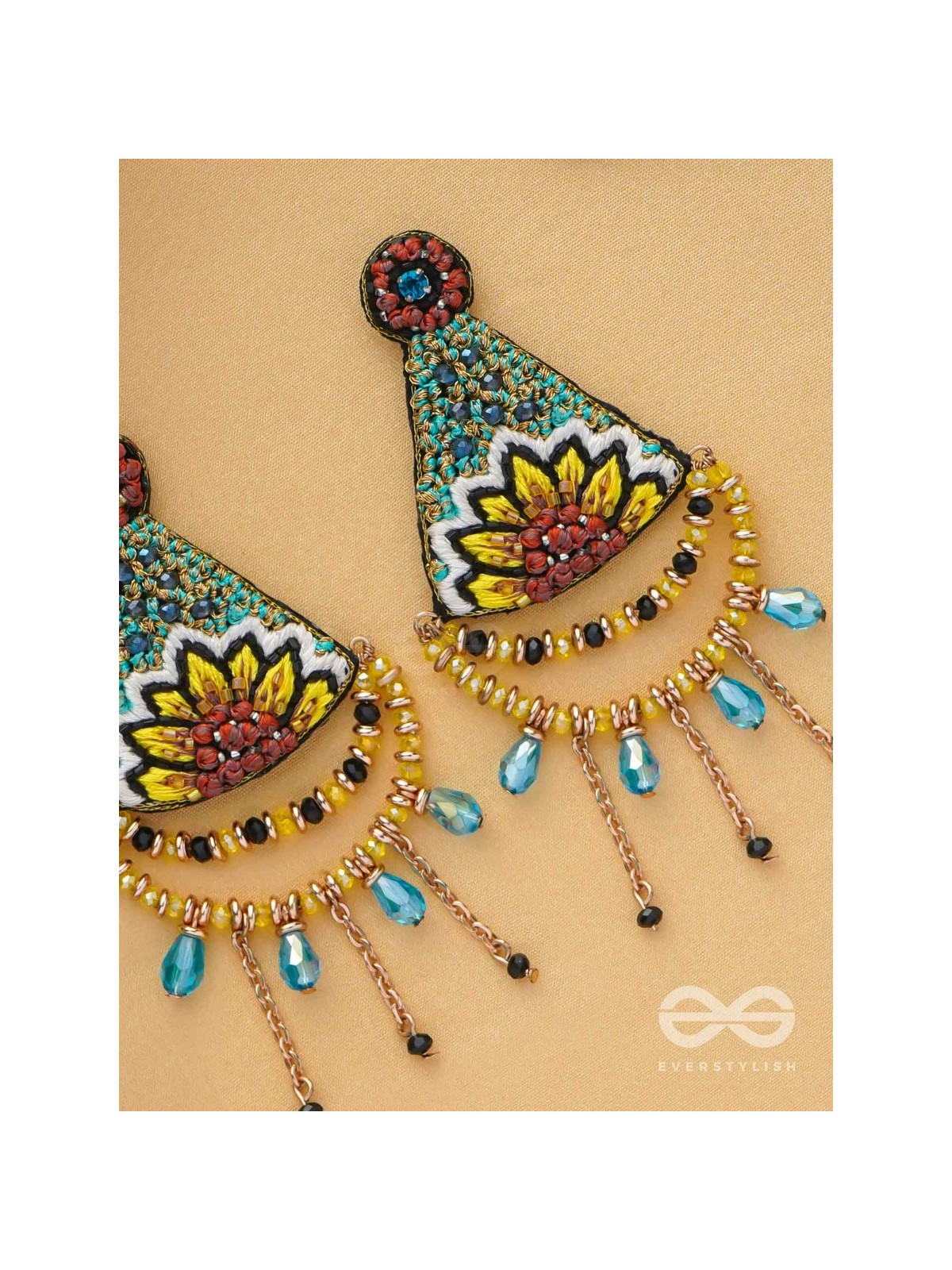 AAKARA - THE GEOMETRIC BLOSSOM- RESHAM, BEADS AND GLASS DROP EMBROIDERED EARRINGS