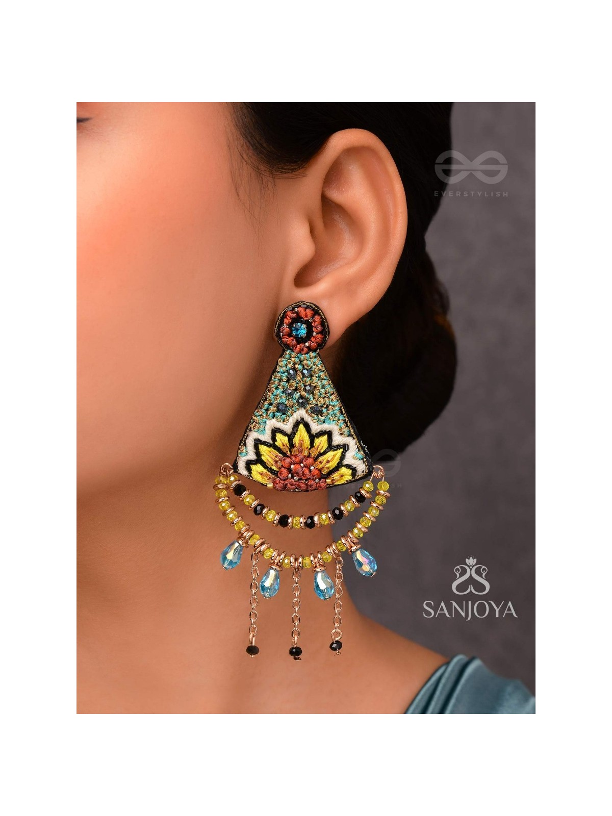 AAKARA - THE GEOMETRIC BLOSSOM- RESHAM, BEADS AND GLASS DROP EMBROIDERED EARRINGS