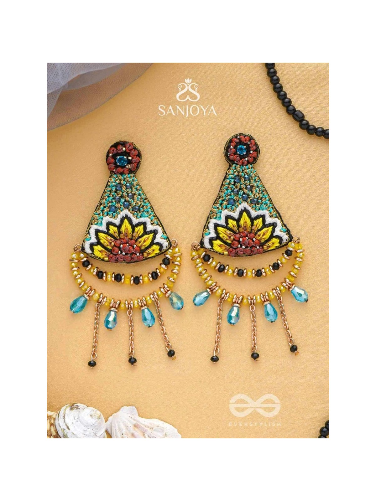 AAKARA - THE GEOMETRIC BLOSSOM- RESHAM, BEADS AND GLASS DROP EMBROIDERED EARRINGS