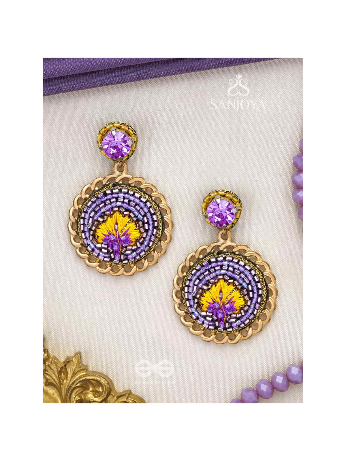PARIJATA - THE CELESTIAL FLOWER - RESHAM AND STONE EMBROIDERED EARRINGS