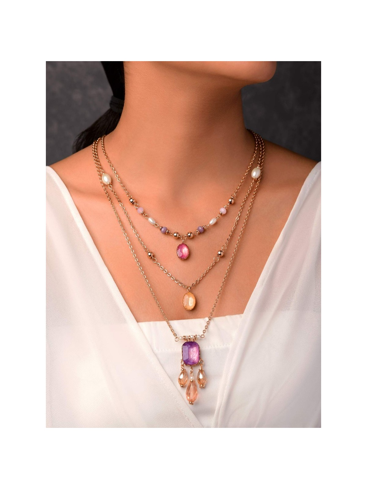 The Ravishing Rhinestones - Golden Multilayer Neckpiece With Anti-Tarnish Coating