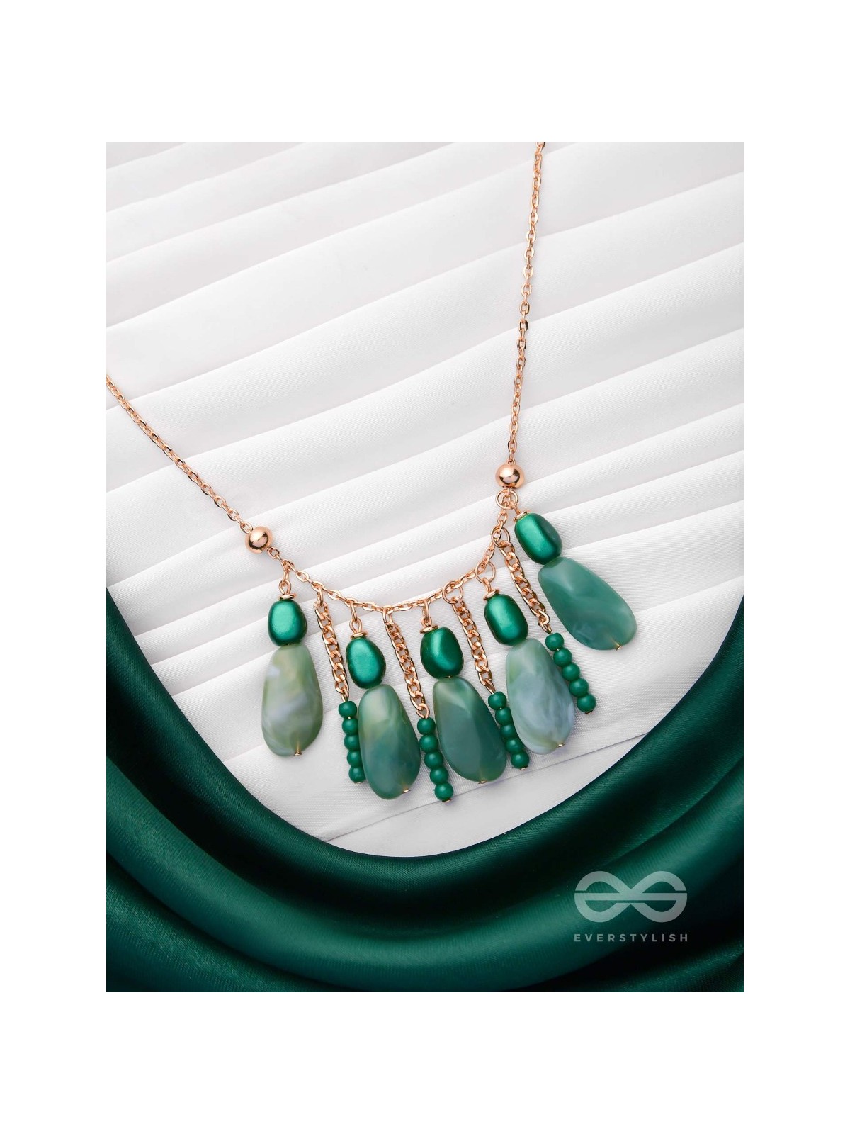 Nature's Emerald Paradise- Golden Playful Neckpiece With Anti-Tarnish Coating 