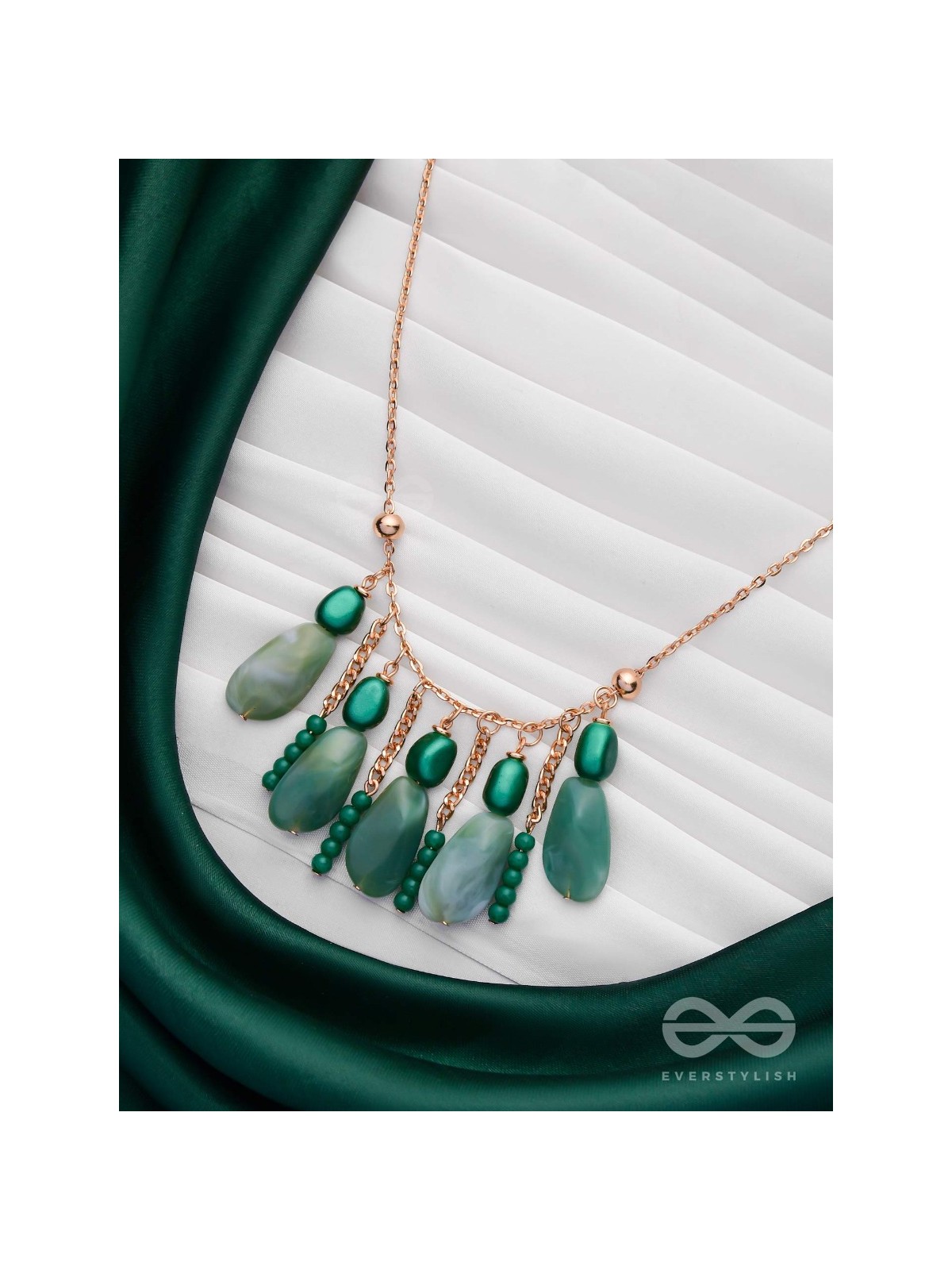 Nature's Emerald Paradise- Golden Playful Neckpiece With Anti-Tarnish Coating 