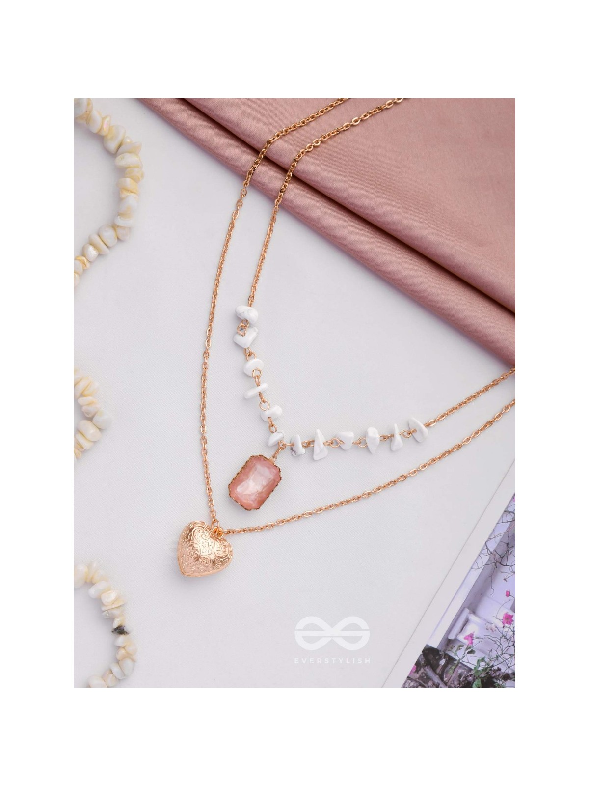 A Pink Heartscape- Boho Multilayered Neckpiece With Anti-Tarnish Coating 