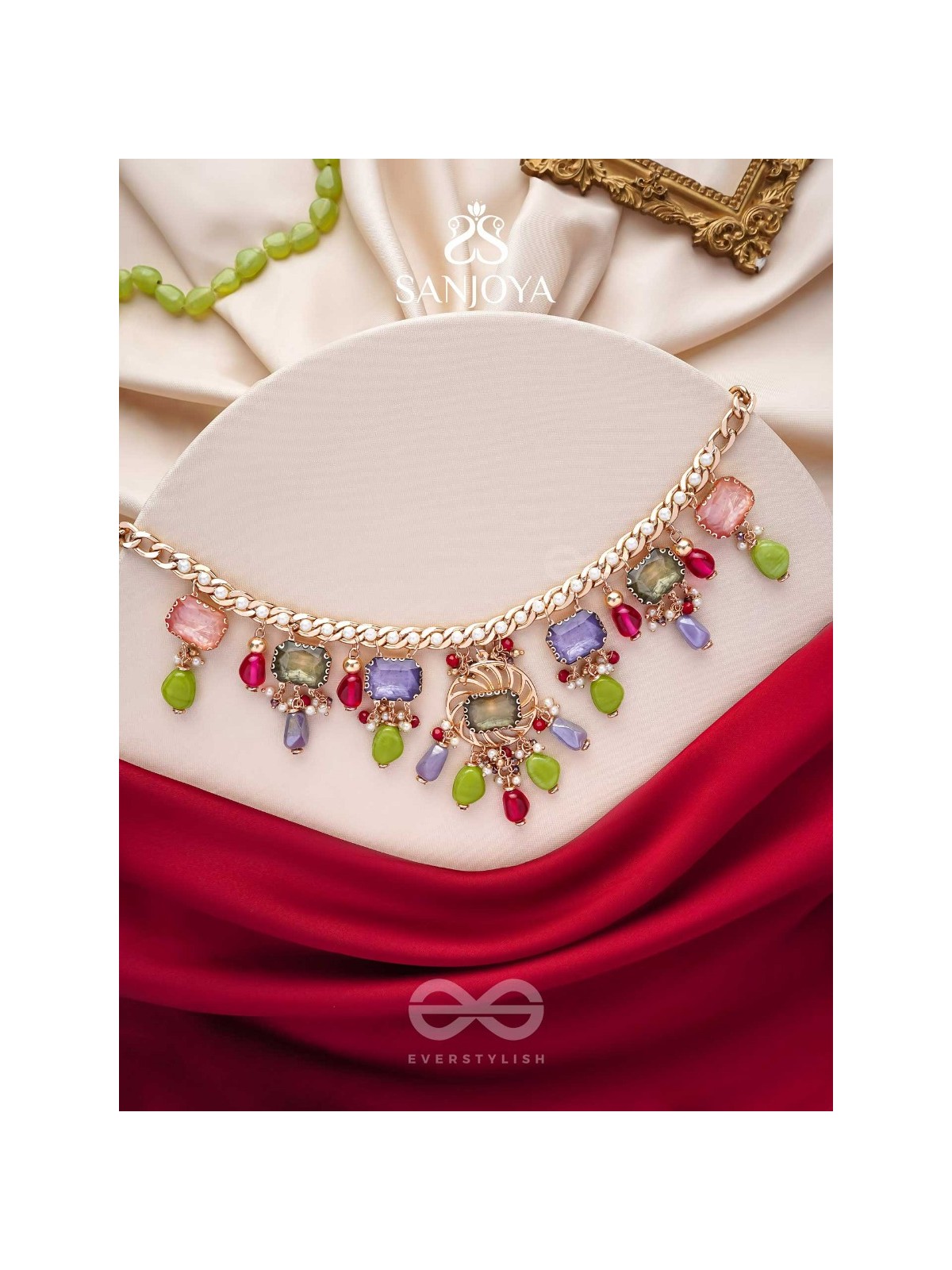 Suprayas - The Regal Gemstones - Golden Embellished Statement Neckpiece (Multicolor)