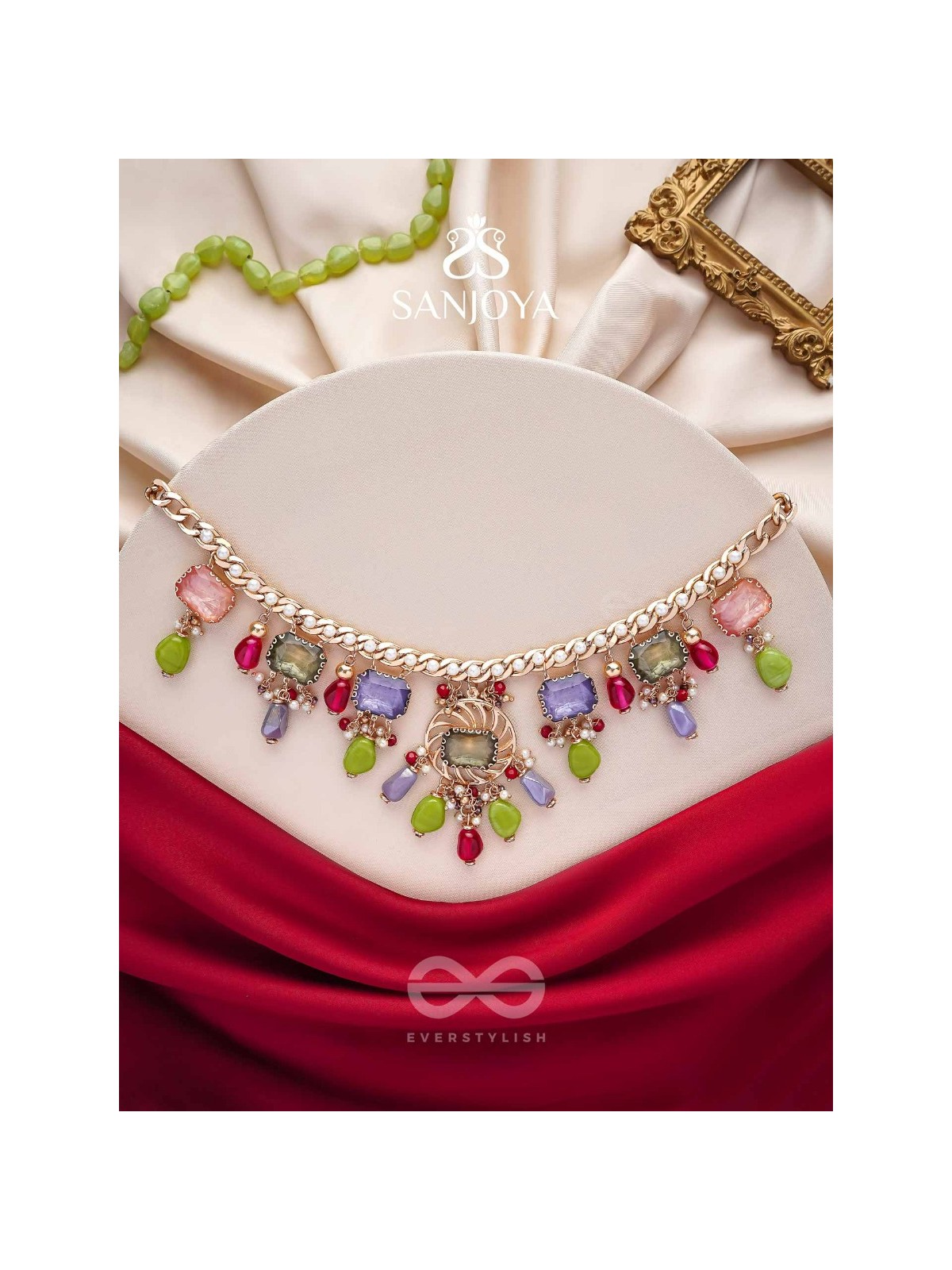 Suprayas - The Regal Gemstones - Golden Embellished Statement Neckpiece (Multicolor)