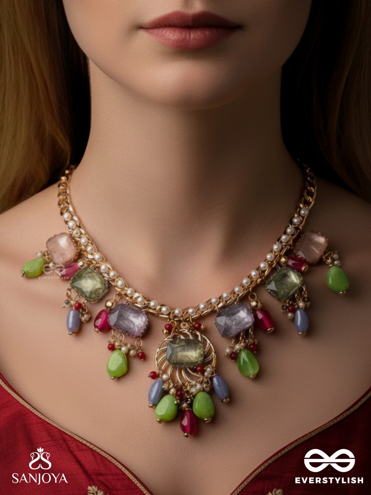 Suprayas - The Regal Gemstones - Golden Embellished Statement Neckpiece (Multicolor)