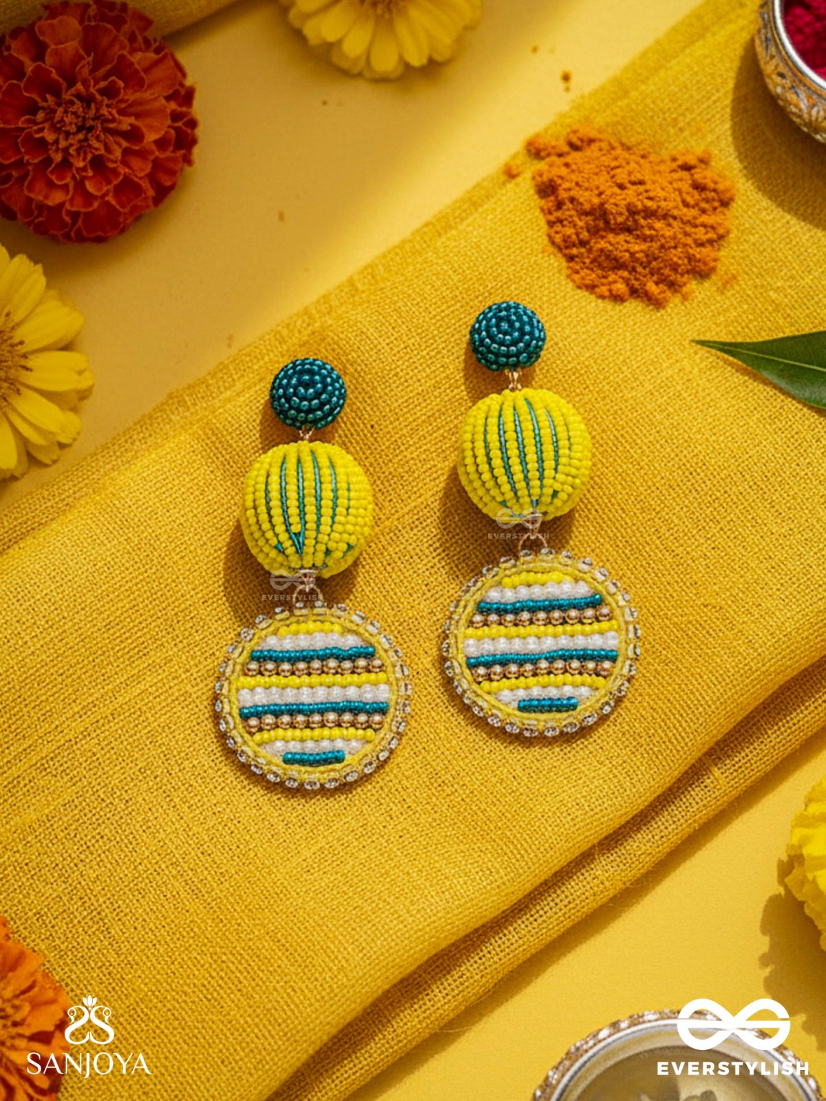 Viroka - Out & Loud - Beads Hand Embroidered Earrings (Yellow & Teal)
