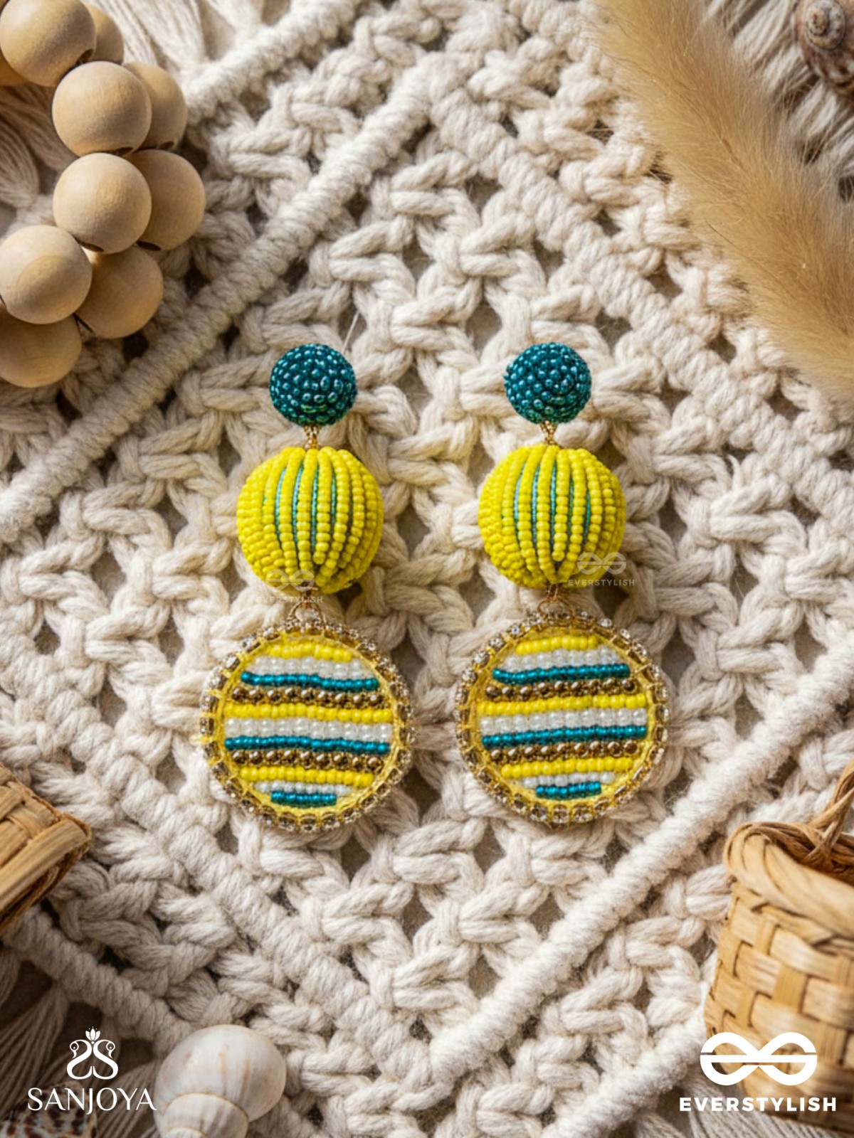 Viroka - Out & Loud - Beads Hand Embroidered Earrings (Yellow & Teal)