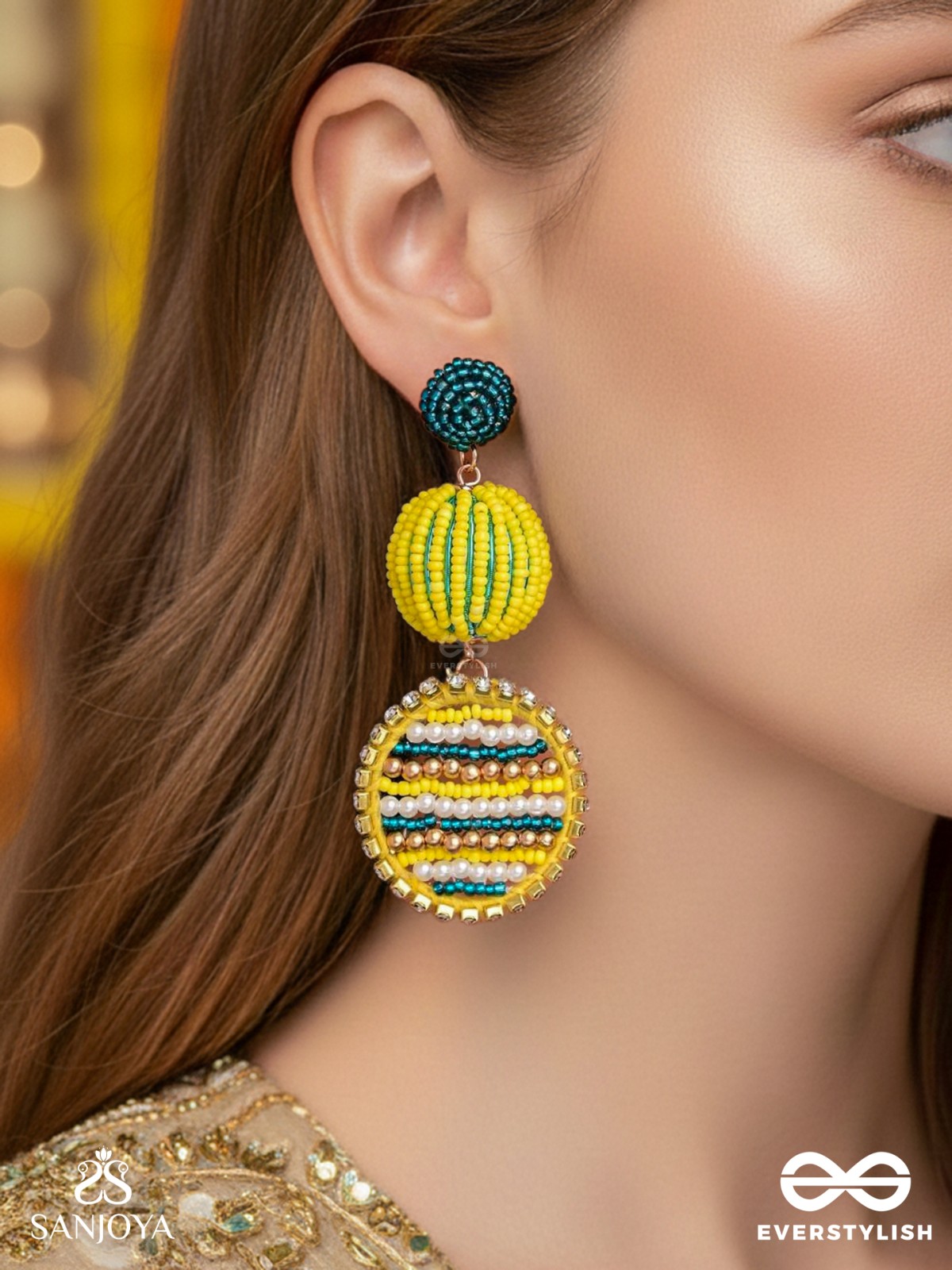 Viroka - Out & Loud - Beads Hand Embroidered Earrings (Yellow & Teal)